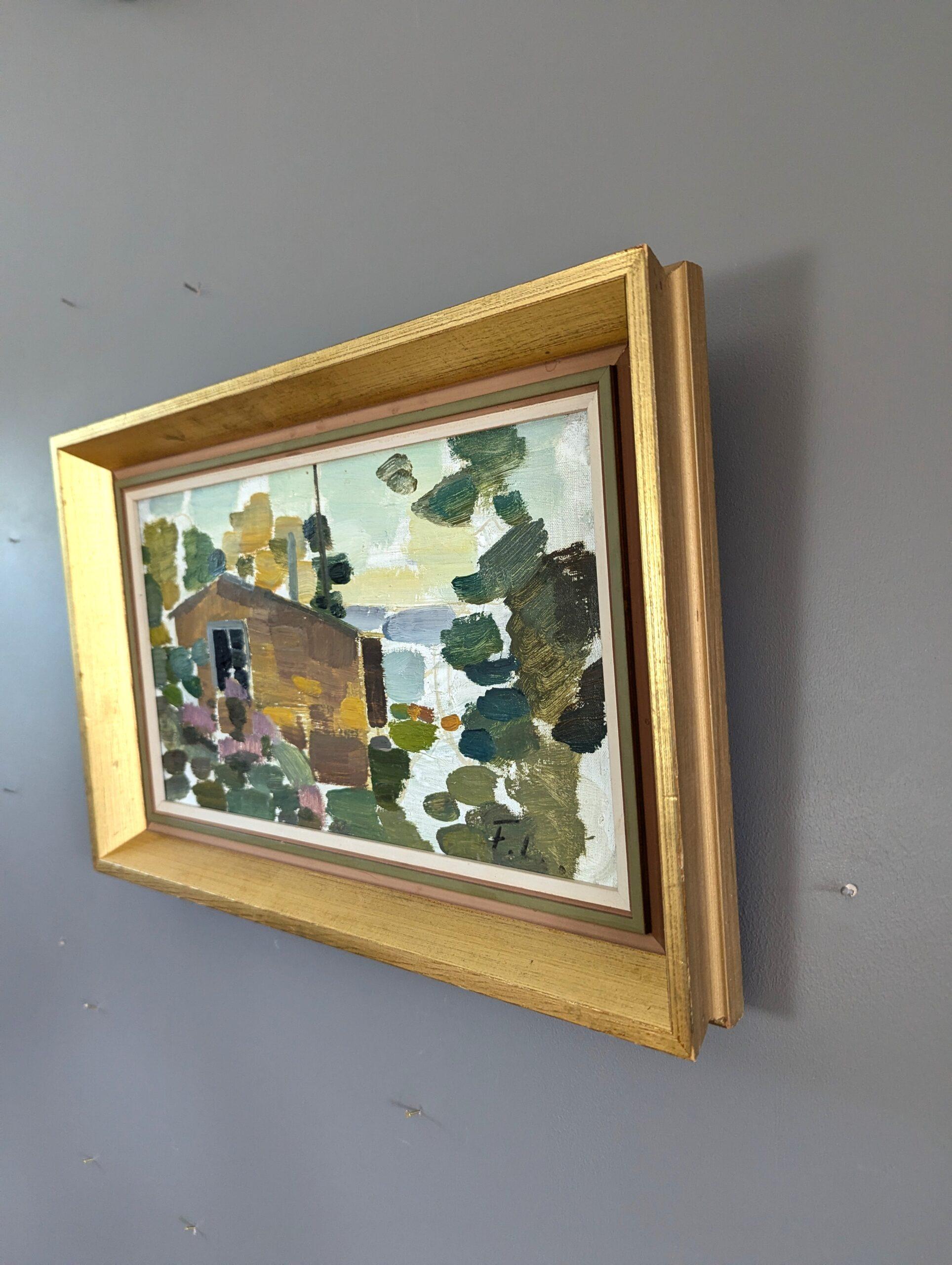 Vintage Mid-Century Modern Landscape Framed Oil Painting - Hidden Retreat 2