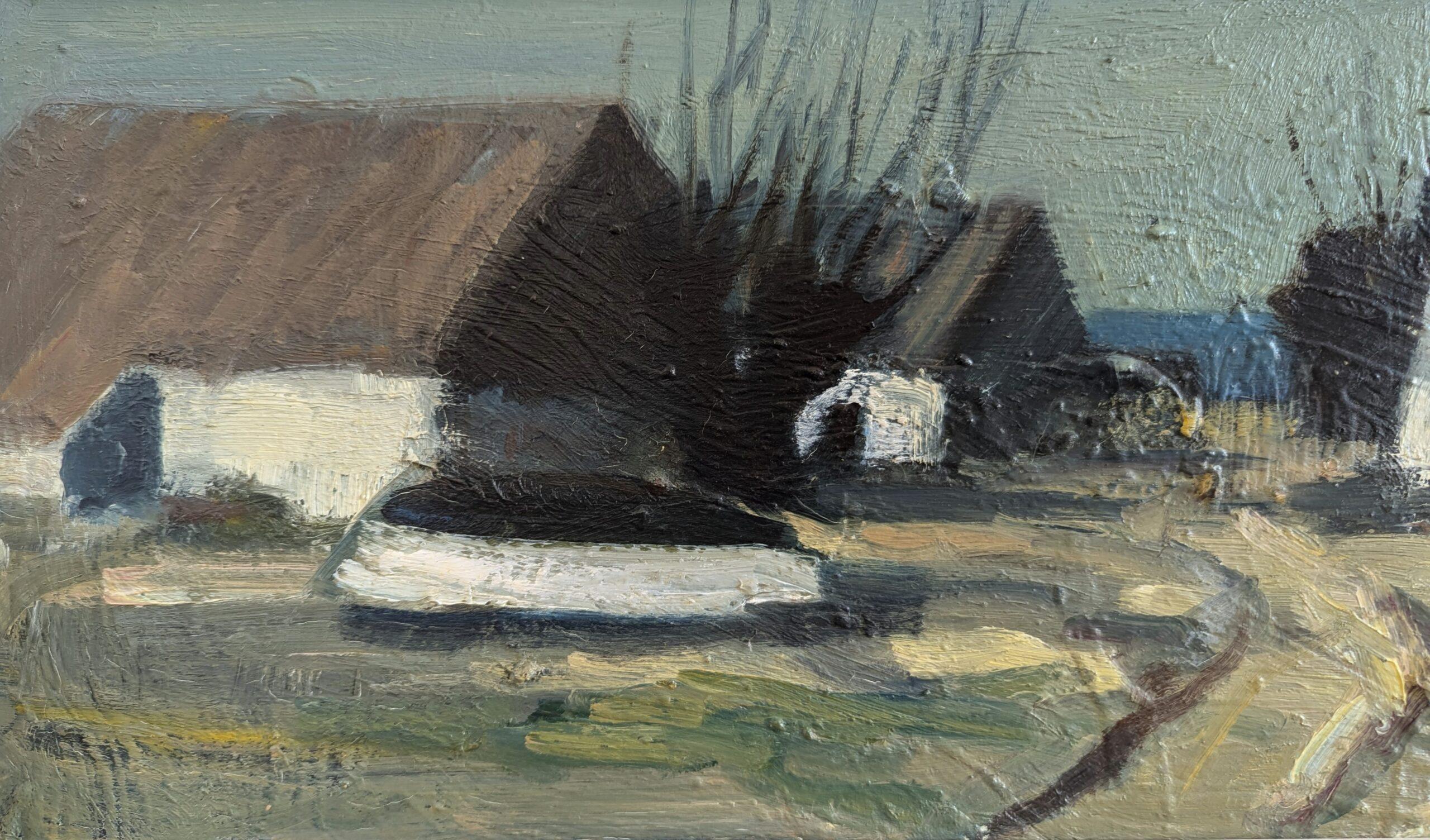 Vintage Mid-Century Modern Landscape Framed Oil Painting - Houses at Dusk 7