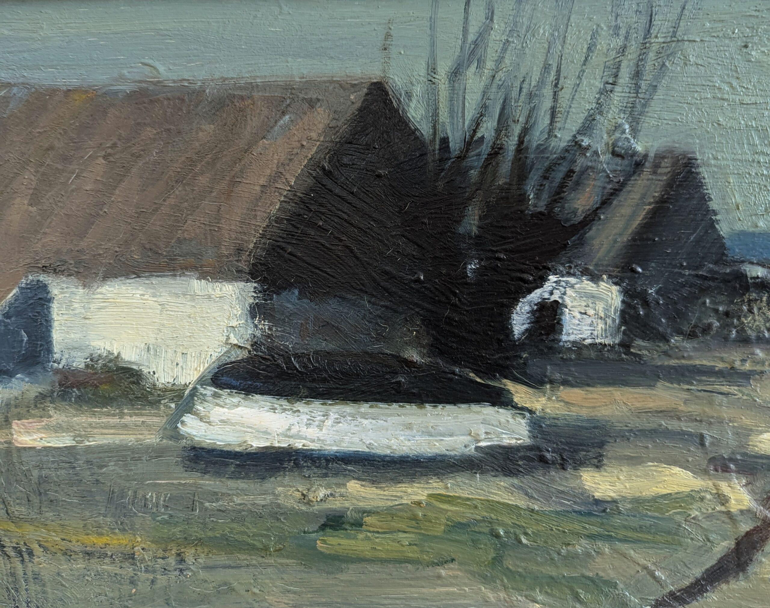 Vintage Mid-Century Modern Landscape Framed Oil Painting - Houses at Dusk 8