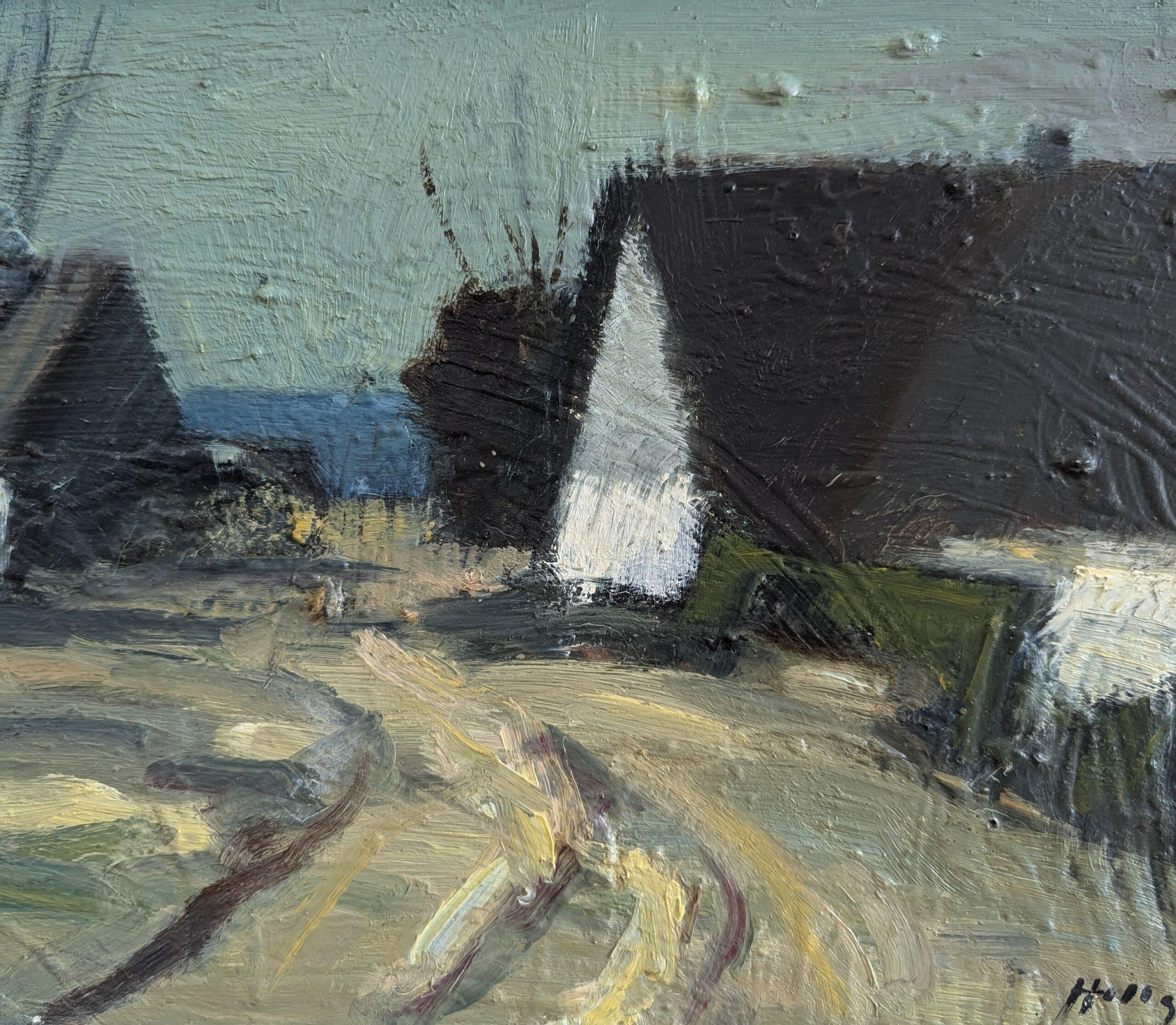 Vintage Mid-Century Modern Landscape Framed Oil Painting - Houses at Dusk 9