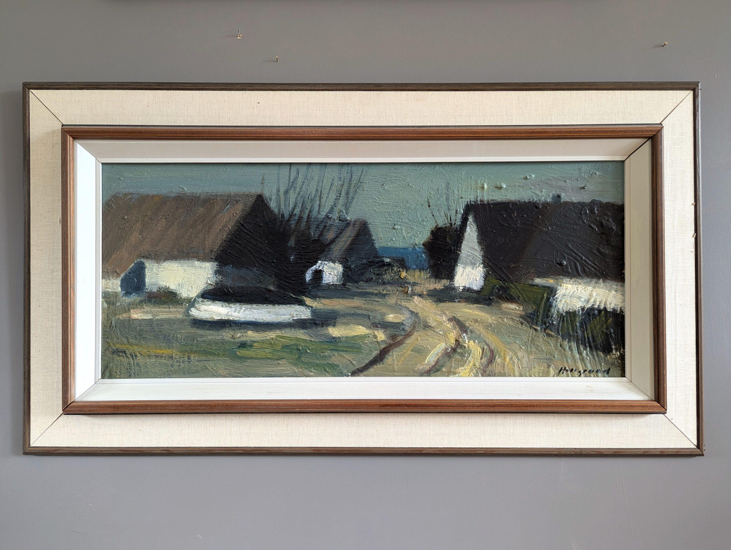 Vintage Mid-Century Modern Landscape Framed Oil Painting - Houses at Dusk - Gray Landscape Painting by Unknown