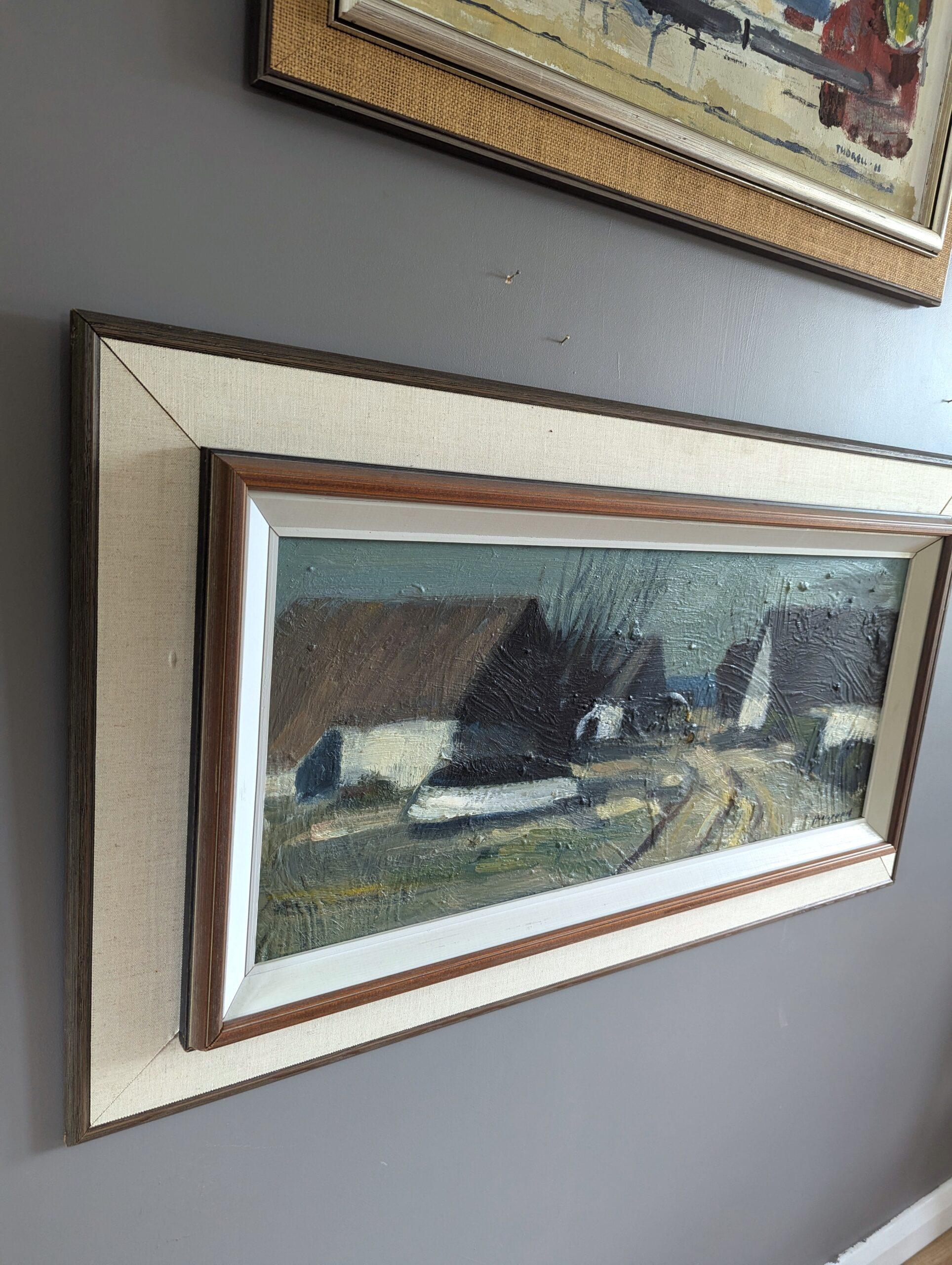 HOUSES AT DUSK
Size: 51 x 92 cm (including frame)
Oil on Board

A large moody and atmospheric modernist-style landscape painting, executed in oil onto board.

Long and narrow in format, the composition features a pathway that stretches from the