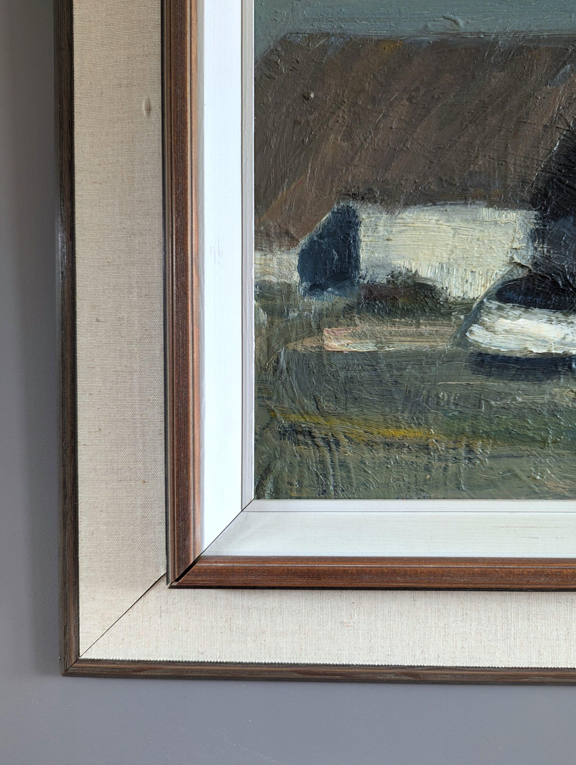 Vintage Mid-Century Modern Landscape Framed Oil Painting - Houses at Dusk 3