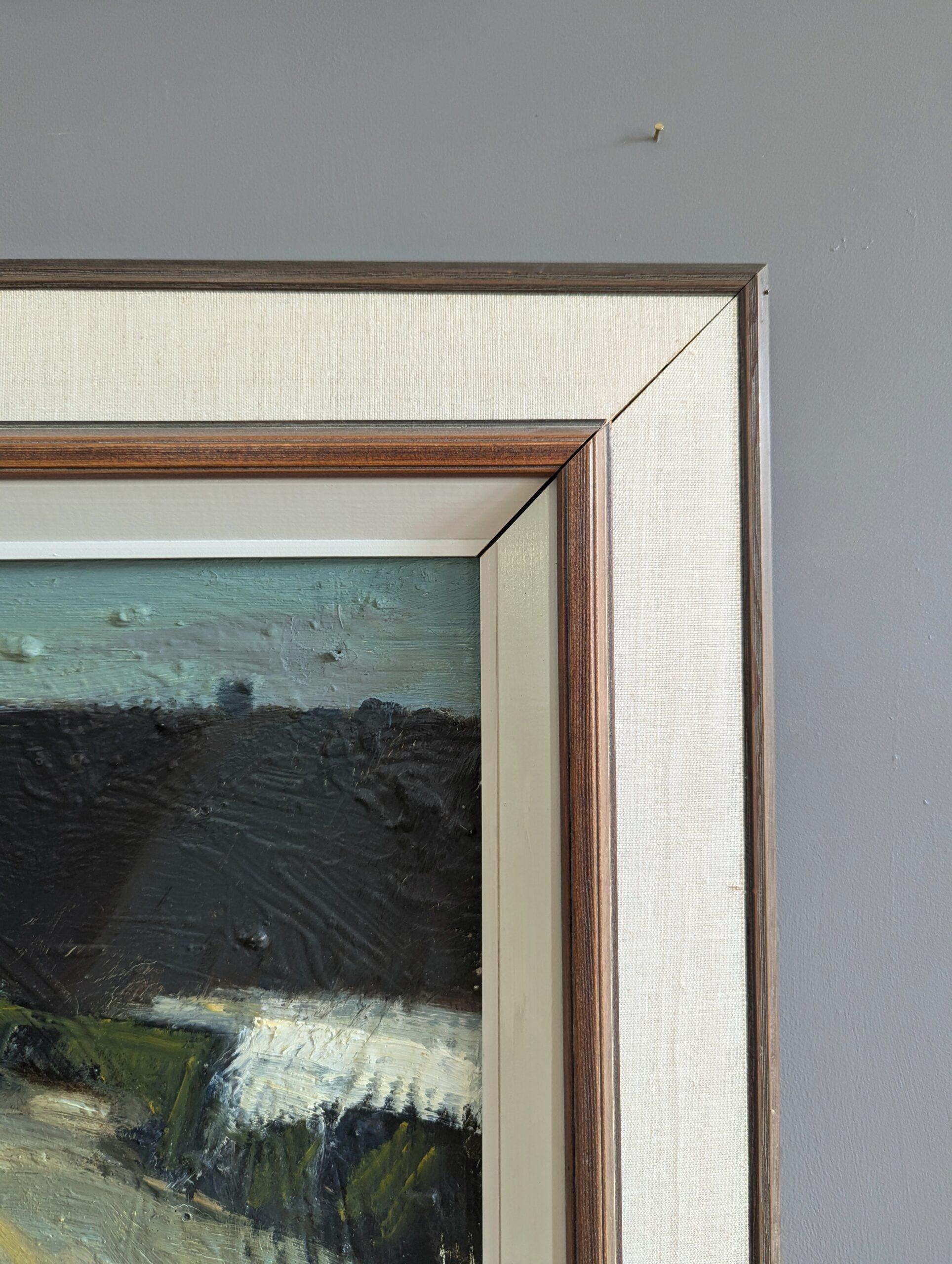 Vintage Mid-Century Modern Landscape Framed Oil Painting - Houses at Dusk 4