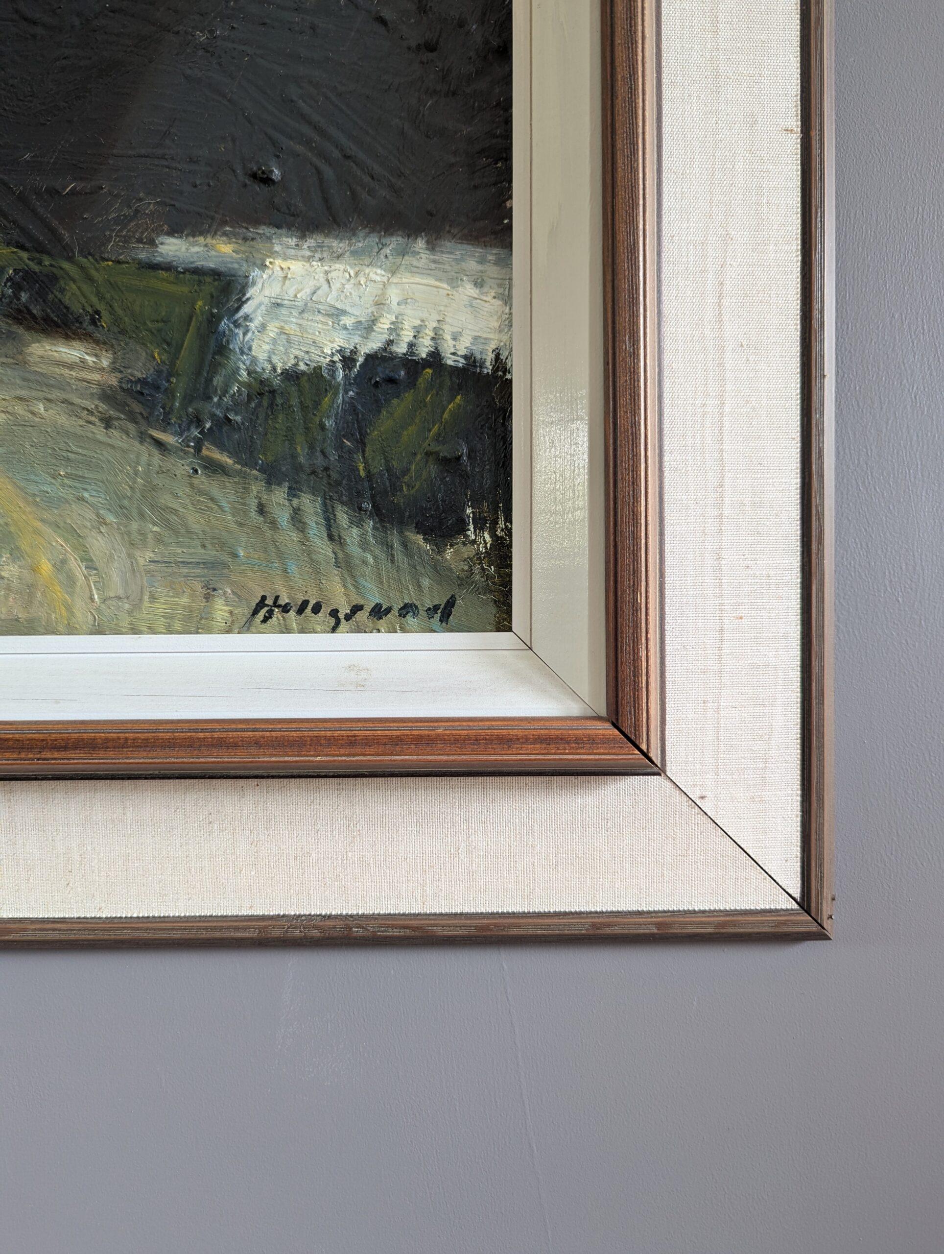 Vintage Mid-Century Modern Landscape Framed Oil Painting - Houses at Dusk 5