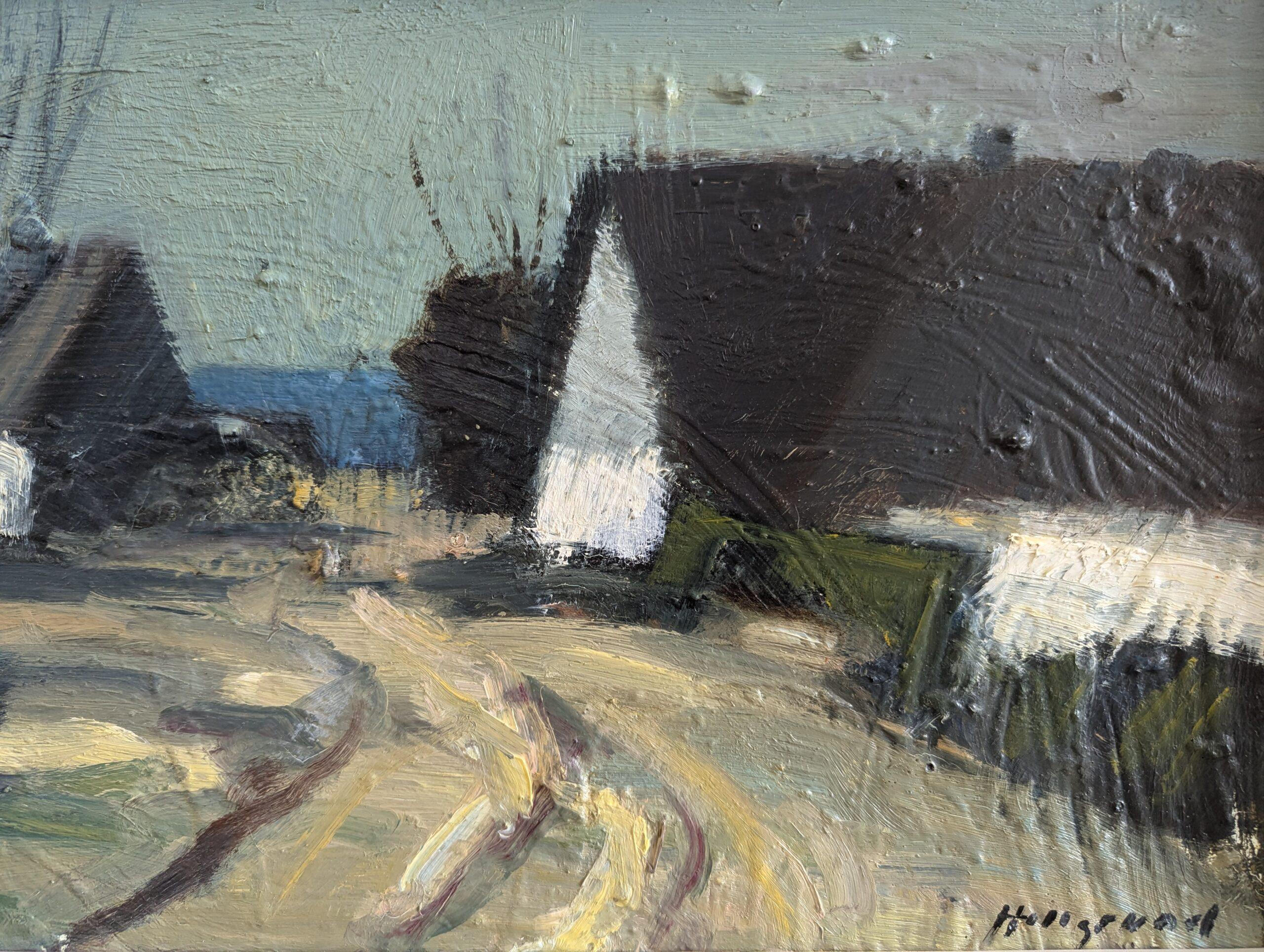 Vintage Mid-Century Modern Landscape Framed Oil Painting - Houses at Dusk 6