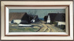 Vintage Mid-Century Modern Landscape Framed Oil Painting - Houses at Dusk