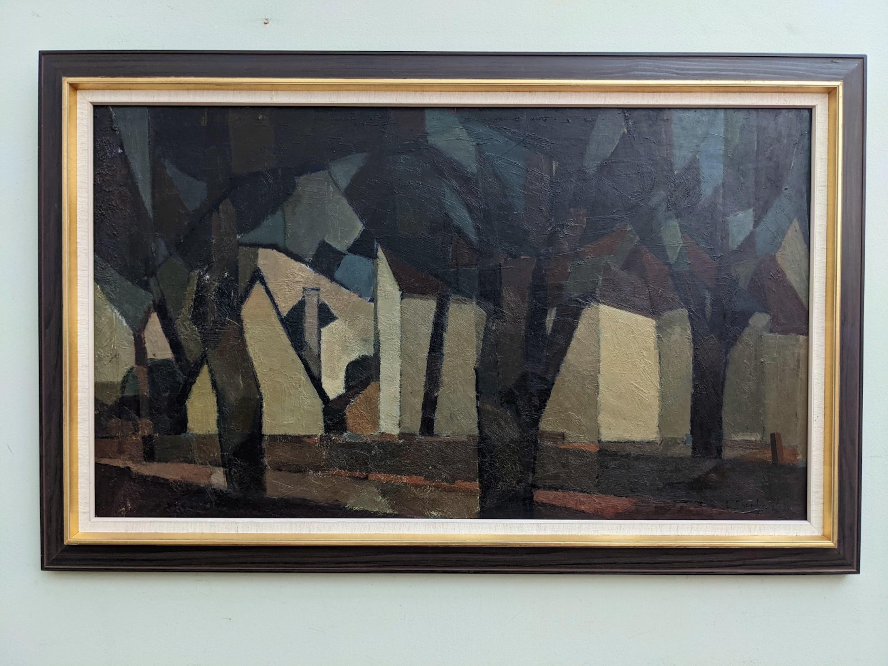 Vintage Mid Century Modern Landscape Framed Oil Painting - Houses in the Woods - Black Landscape Painting by Unknown