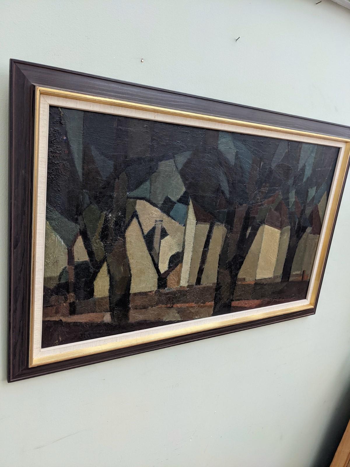 Houses in the Woods
Oil on board
Size: 53 x 84 cm (including frame)

A brilliantly executed typically modernist mid-century composition, painted in oil onto board.

The painting depicts a row of houses surrounded by trees in the woods. The artist