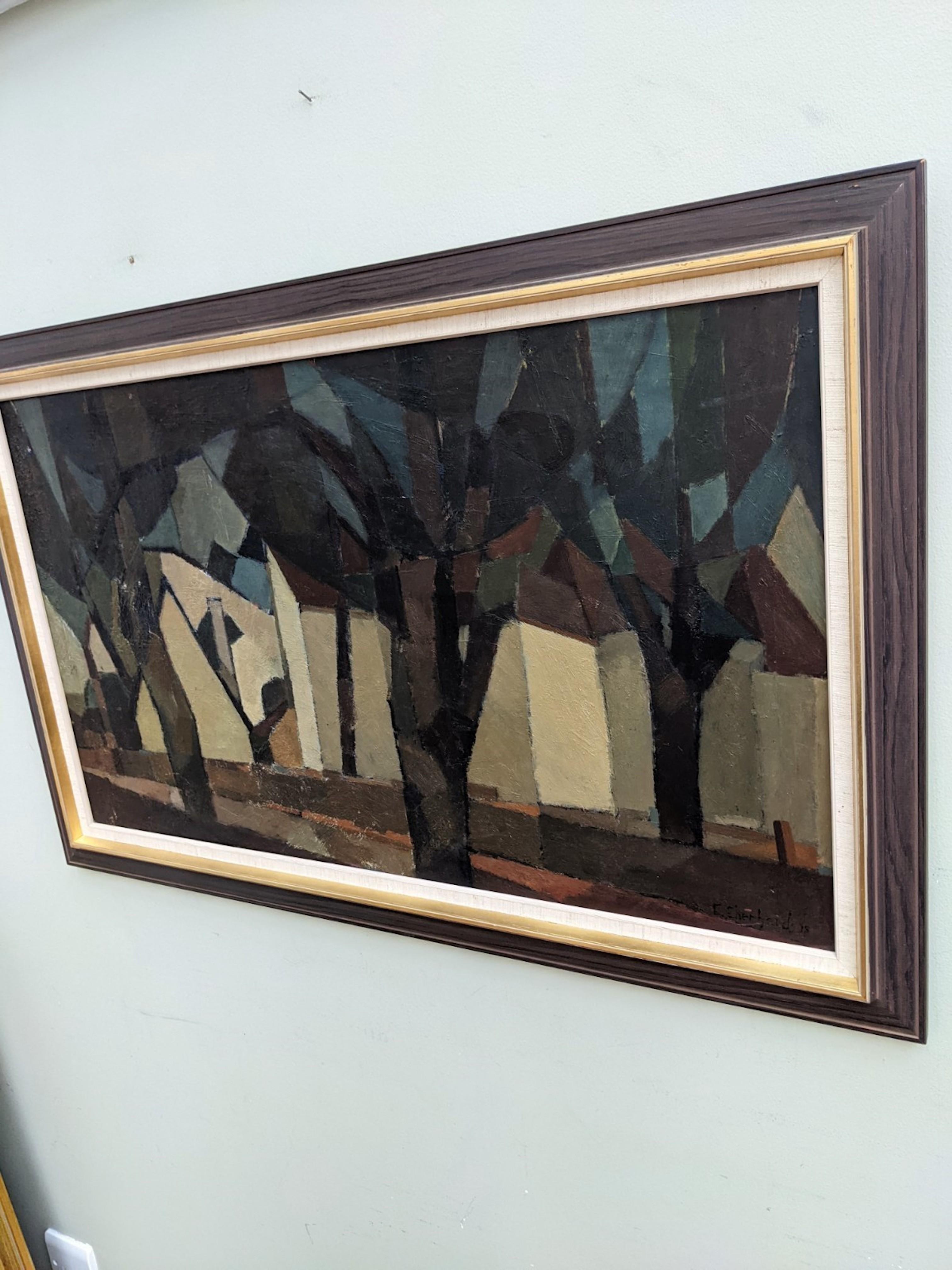 Vintage Mid Century Modern Landscape Framed Oil Painting - Houses in the Woods 1