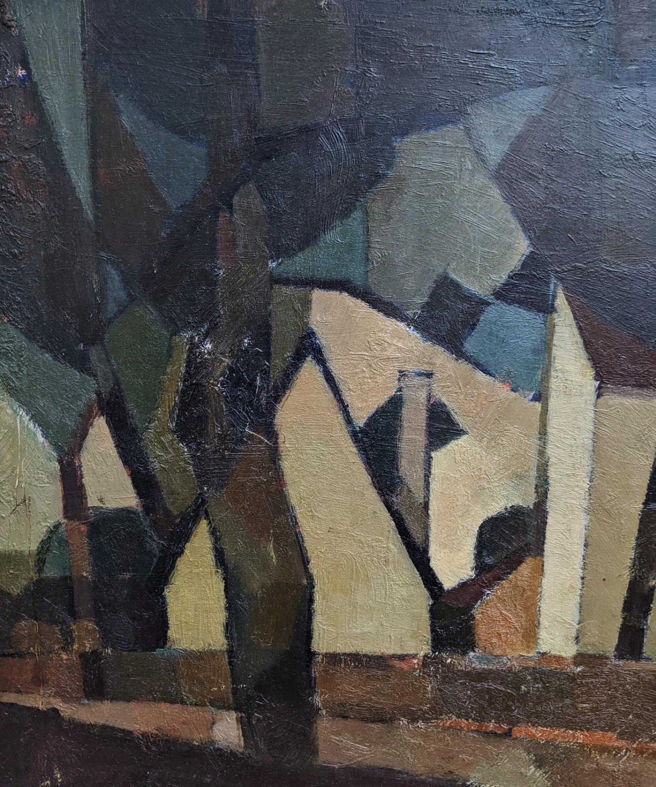 Vintage Mid Century Modern Landscape Framed Oil Painting - Houses in the Woods 2