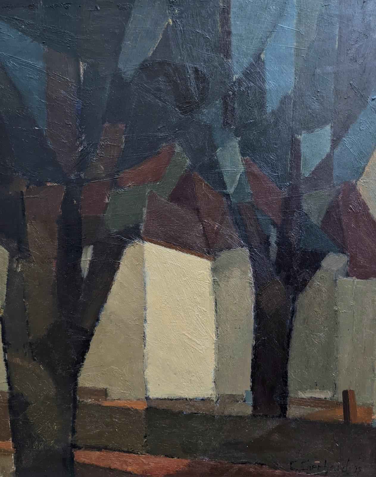 Vintage Mid Century Modern Landscape Framed Oil Painting - Houses in the Woods 3
