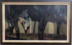 Vintage Mid Century Modern Landscape Framed Oil Painting - Houses in the Woods