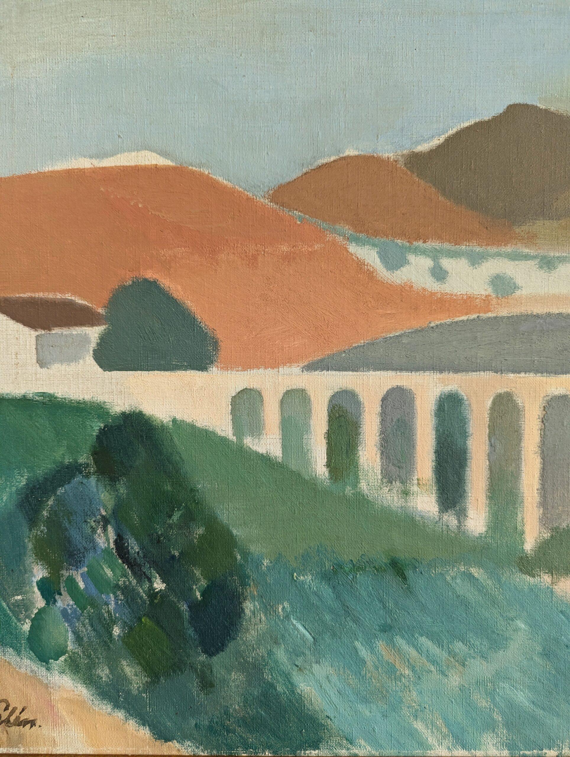 Vintage Mid-Century Modern Landscape Framed Oil Painting - Pastel Landscape For Sale 8