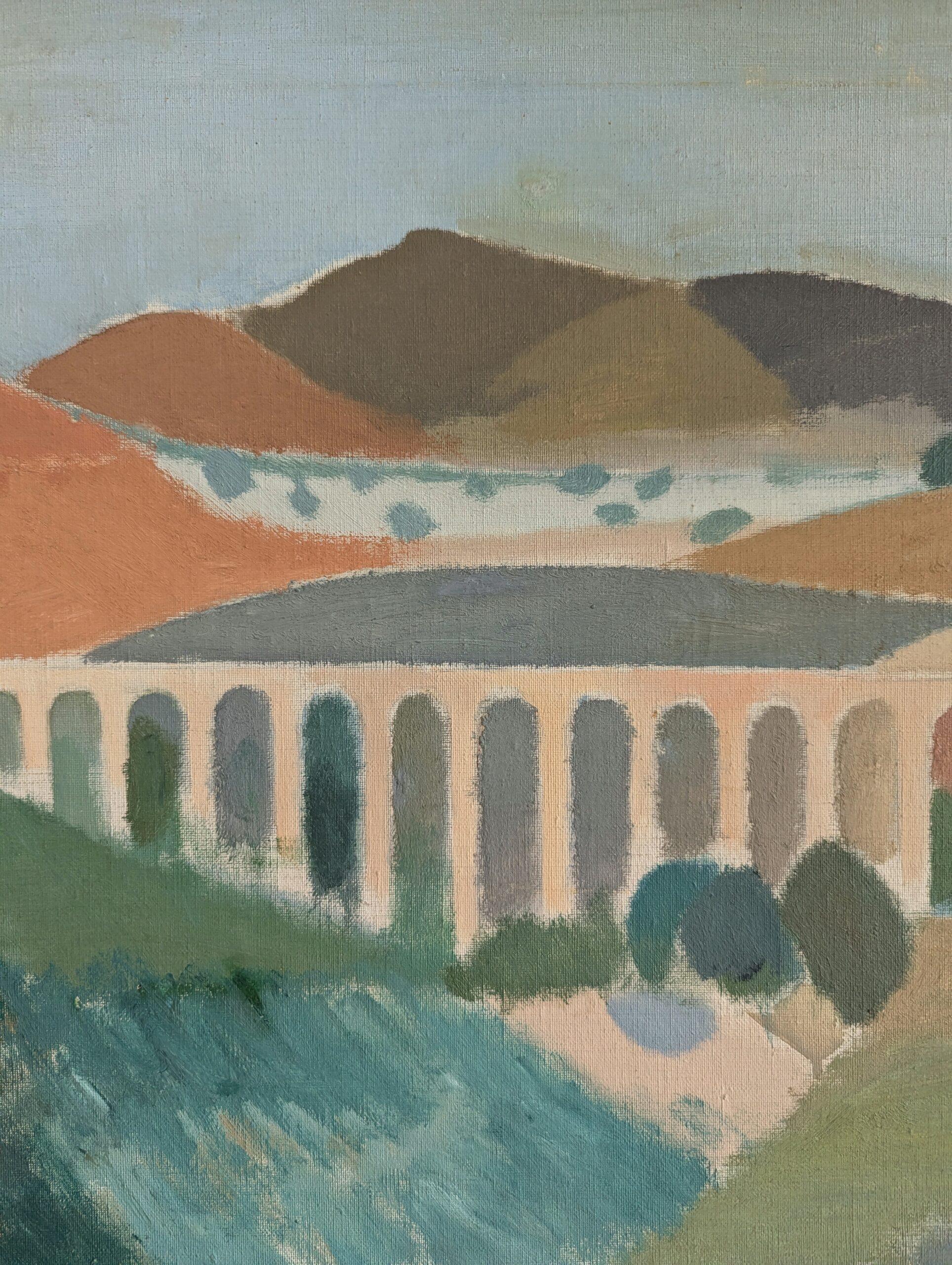 Vintage Mid-Century Modern Landscape Framed Oil Painting - Pastel Landscape For Sale 9