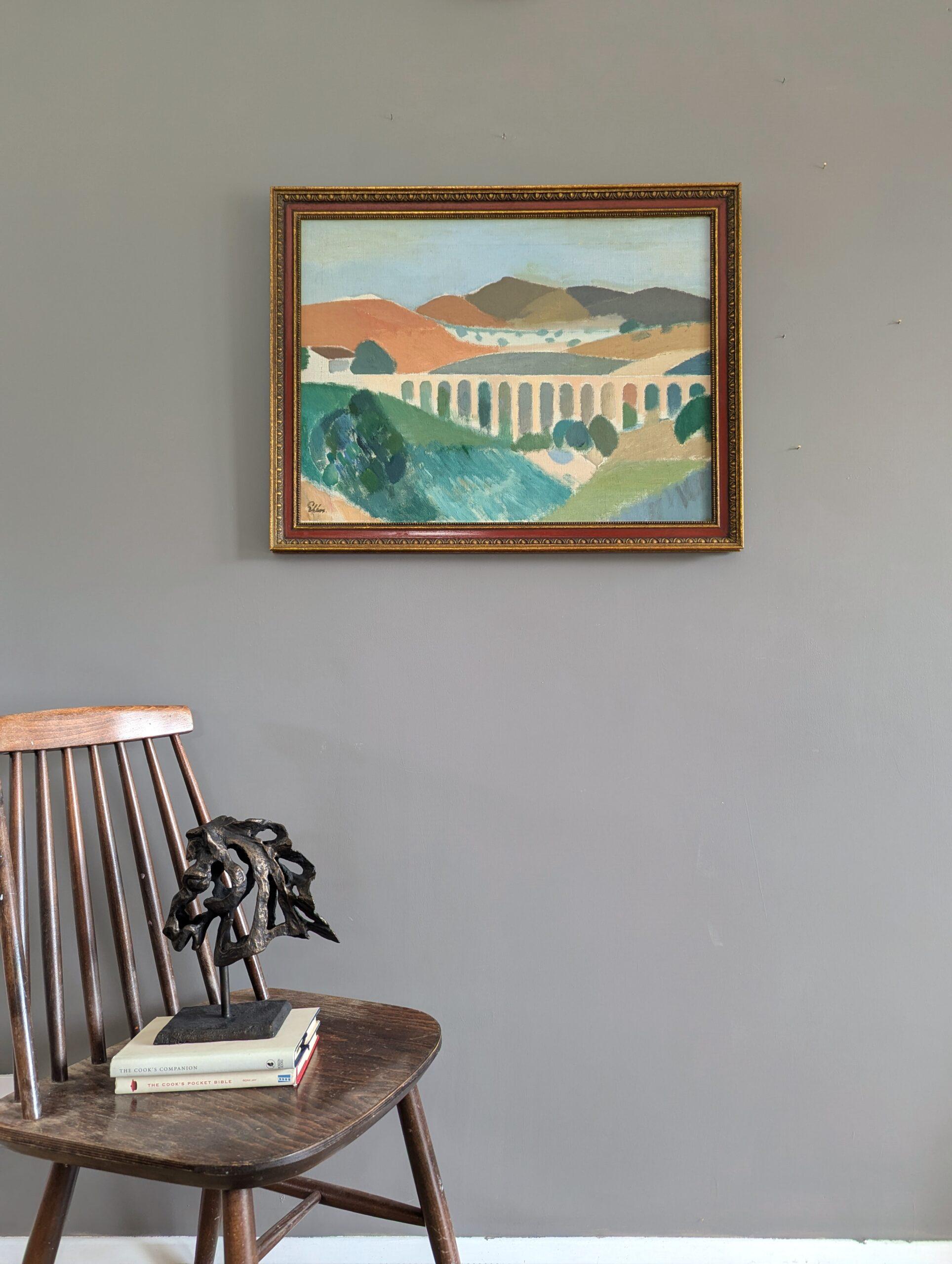Vintage Mid-Century Modern Landscape Framed Oil Painting - Pastel Landscape - Gray Landscape Painting by Unknown