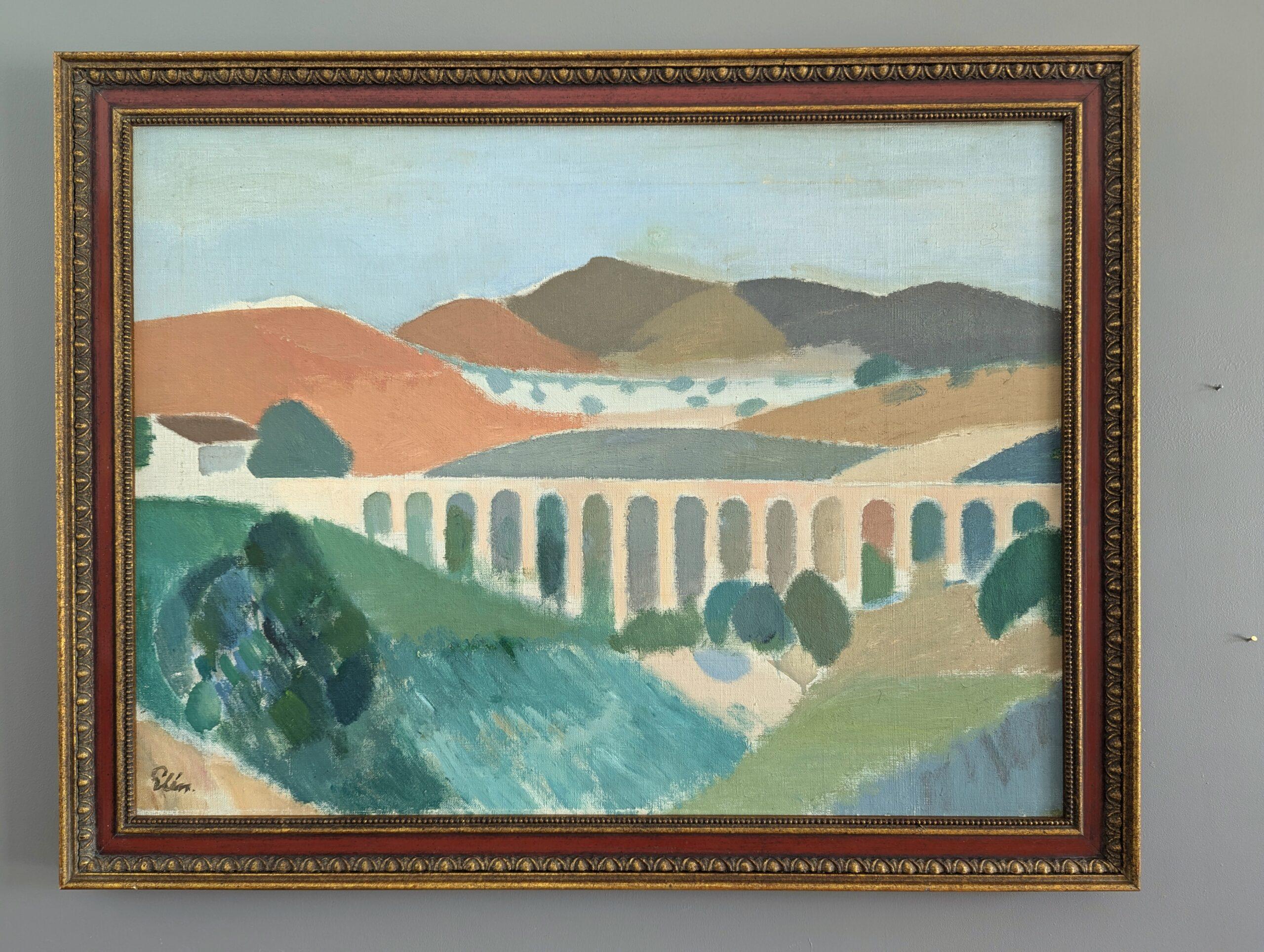 PASTEL LANDSCAPE
Size: 53 x 68 cm (including frame)
Oil on Board

A serene mid-century modernist style composition of a southern Spanish landscape, executed in oil onto board.

In the foreground,  expansive plains are depicted with large, soft