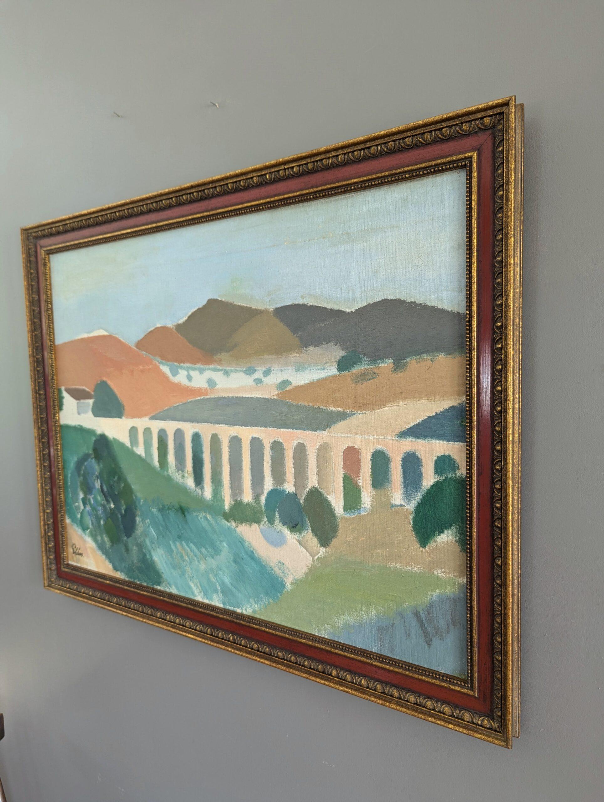 Vintage Mid-Century Modern Landscape Framed Oil Painting - Pastel Landscape For Sale 2