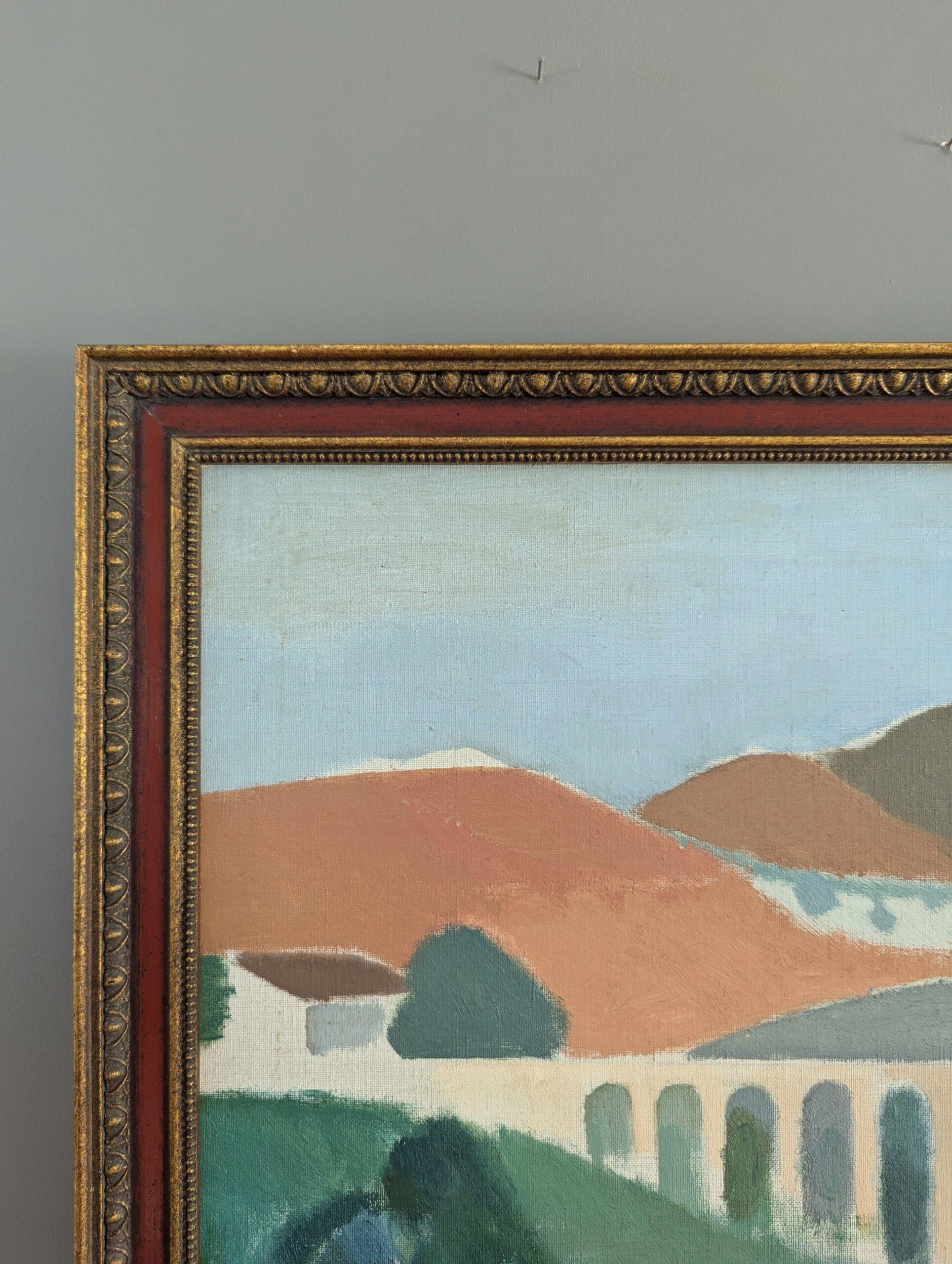 Vintage Mid-Century Modern Landscape Framed Oil Painting - Pastel Landscape For Sale 3