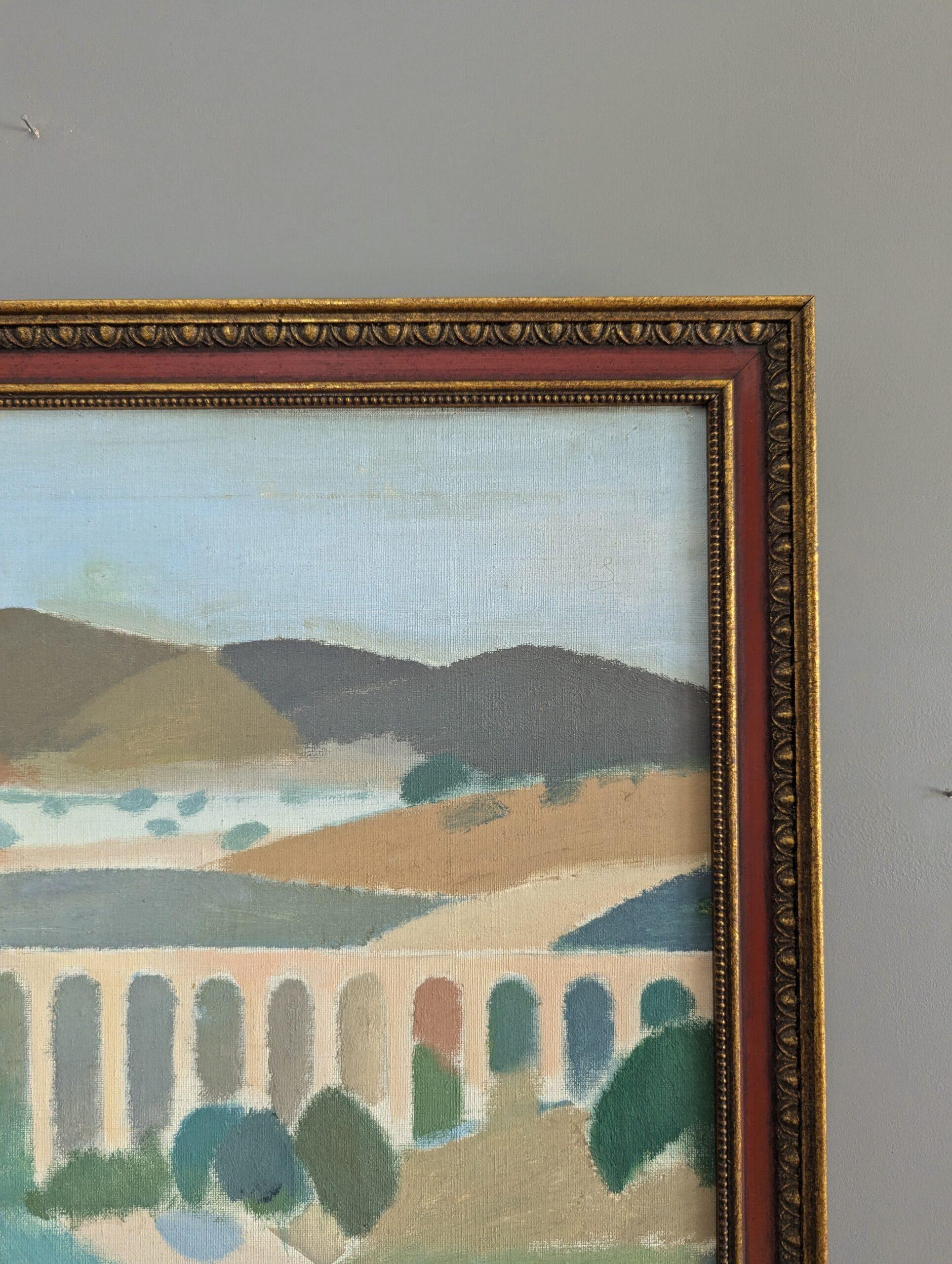 Vintage Mid-Century Modern Landscape Framed Oil Painting - Pastel Landscape For Sale 4