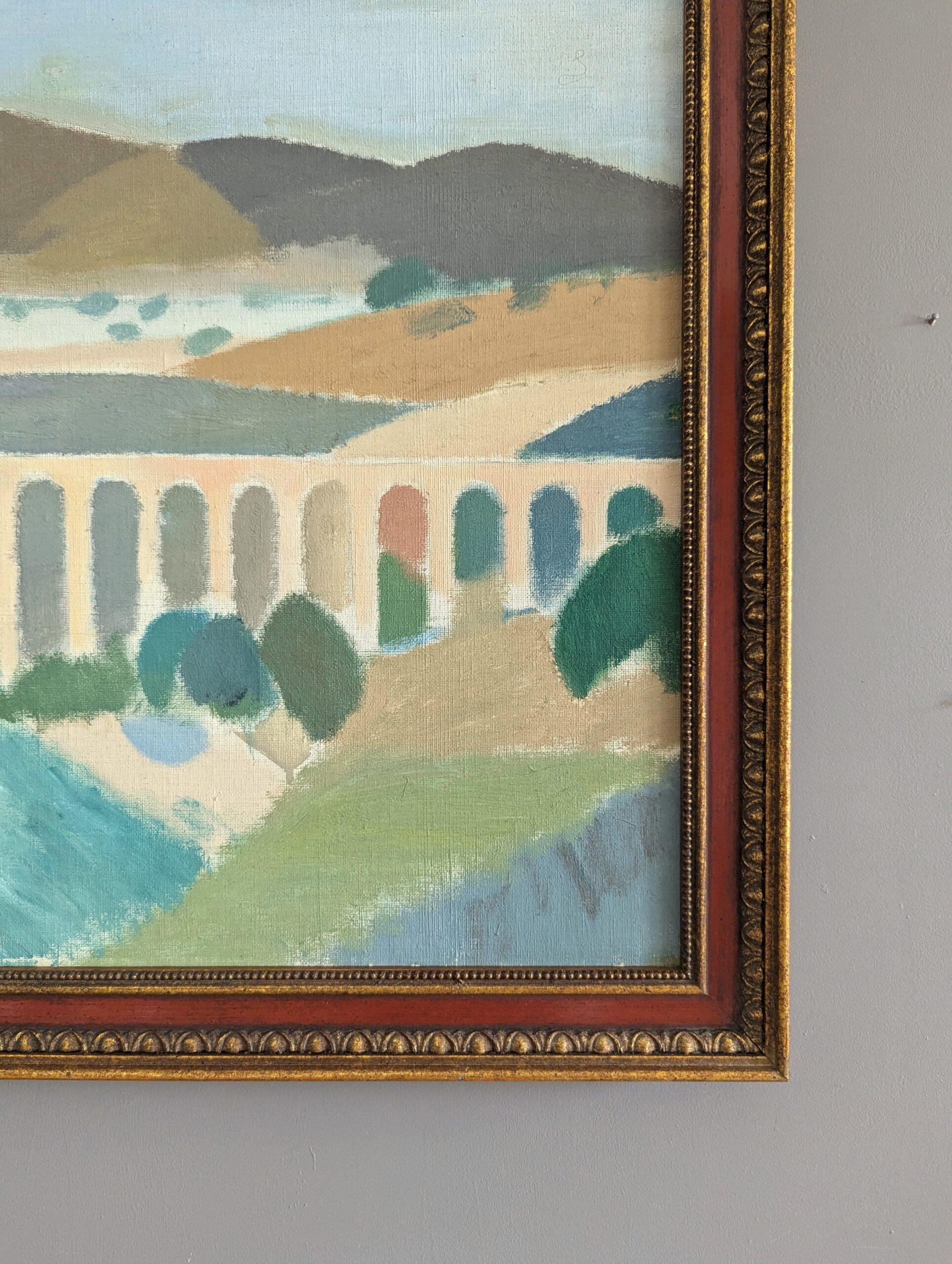 Vintage Mid-Century Modern Landscape Framed Oil Painting - Pastel Landscape For Sale 5