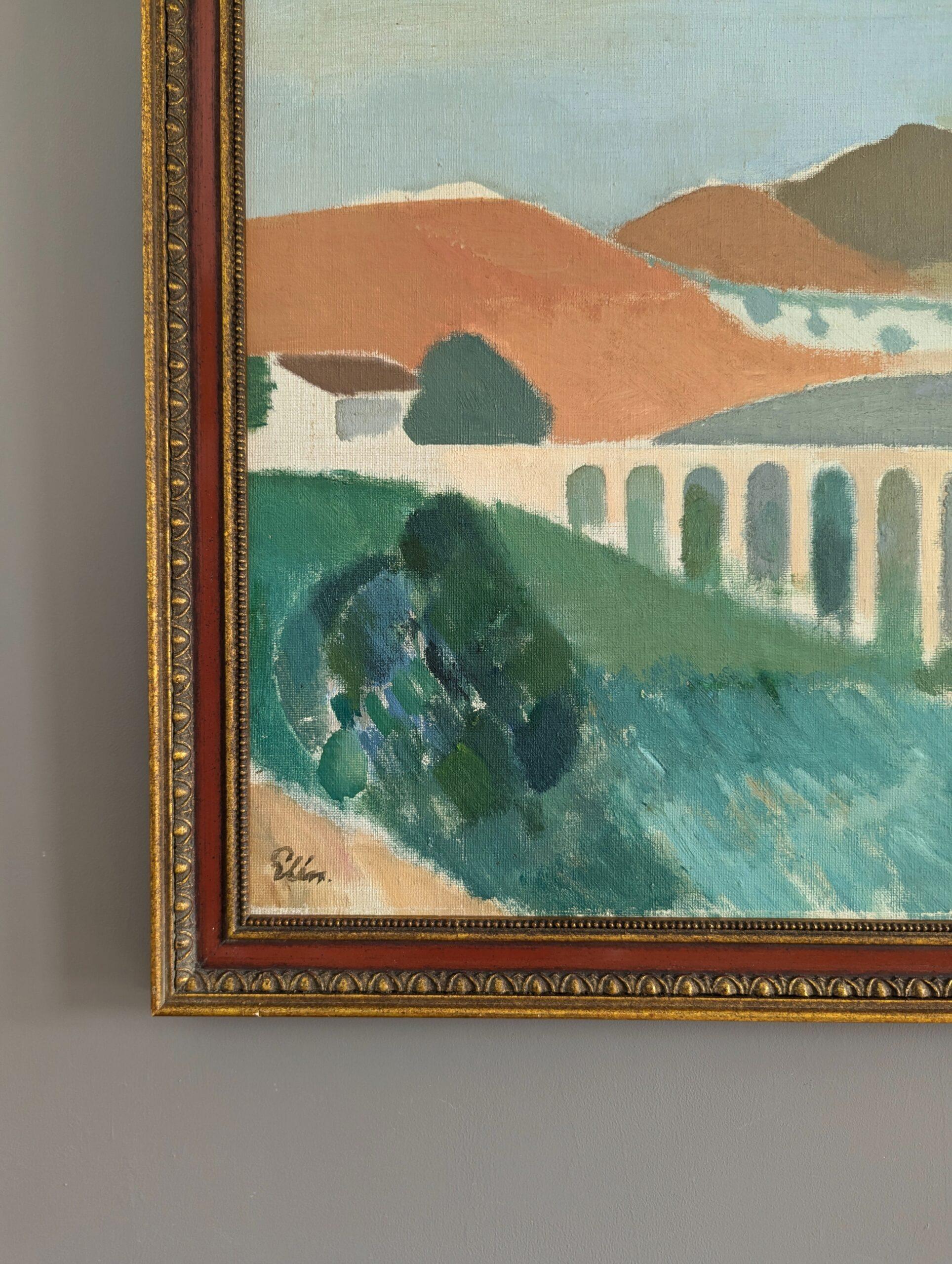 Vintage Mid-Century Modern Landscape Framed Oil Painting - Pastel Landscape For Sale 6