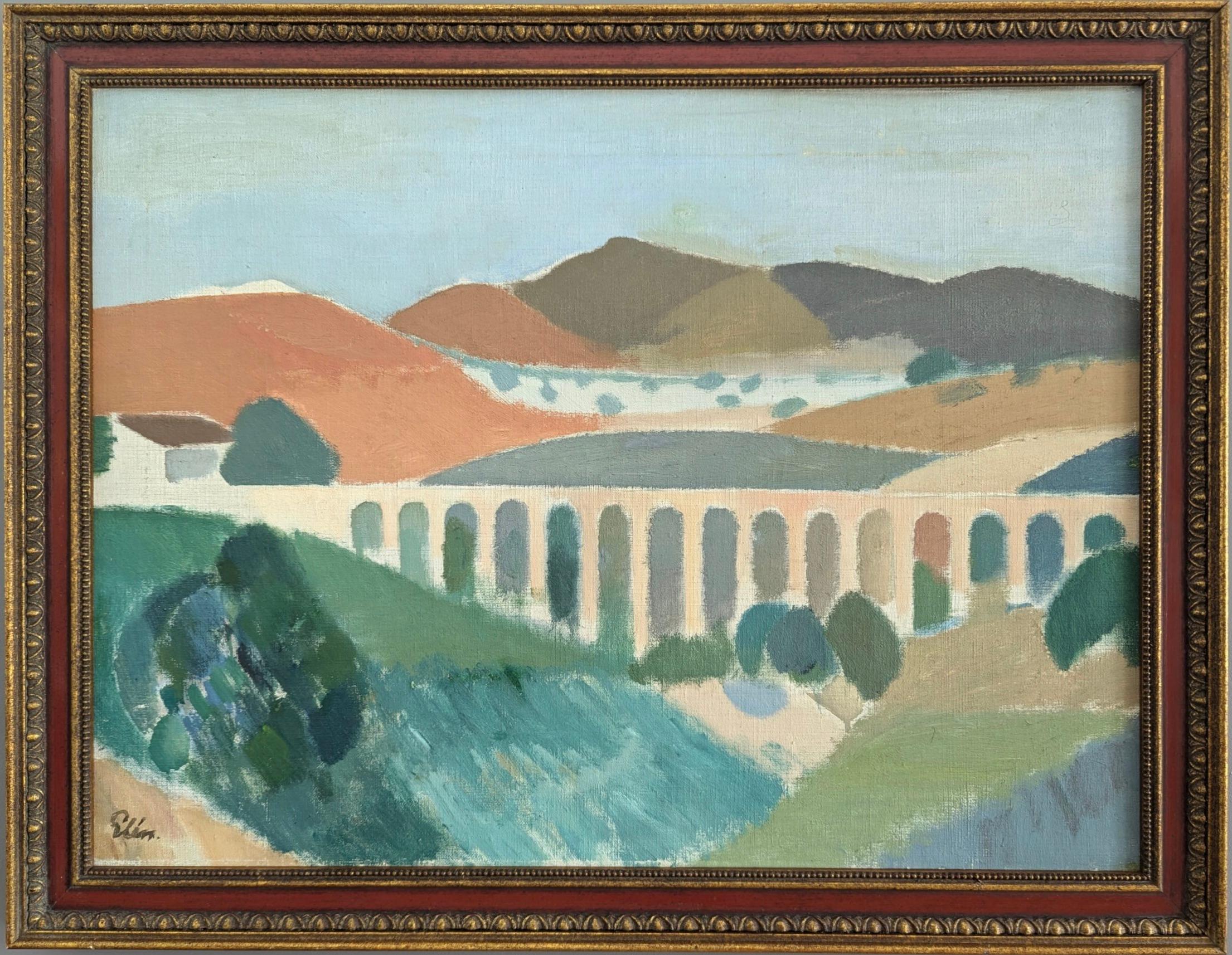 Unknown Landscape Painting - Vintage Mid-Century Modern Landscape Framed Oil Painting - Pastel Landscape