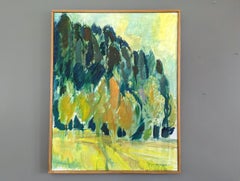 Vintage Mid-Century Modern Landscape Framed Oil Painting - Summer Forest
