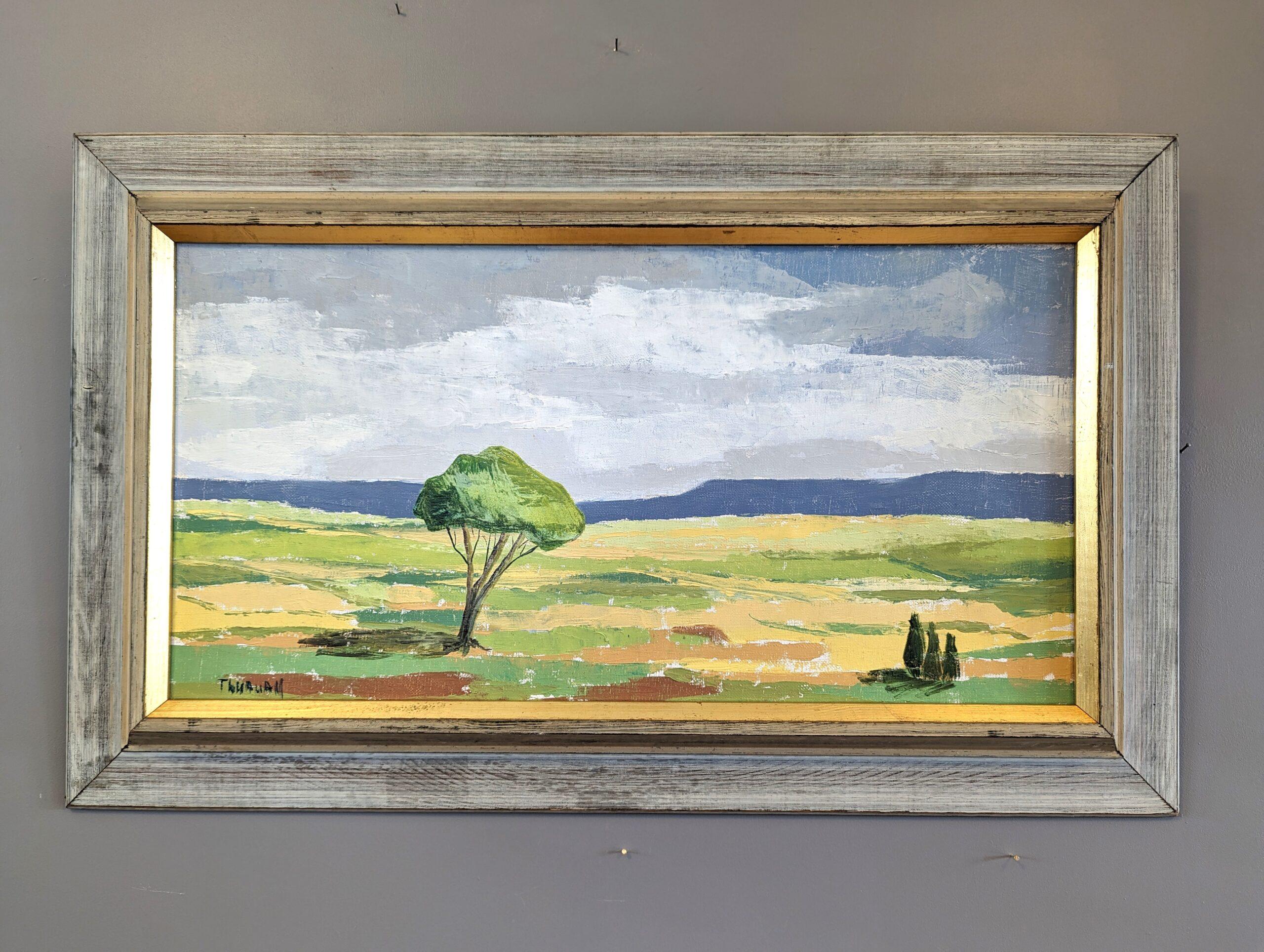 THE GREEN TREE
Size: 44 x 77 cm (including frame)
Oil on Canvas

A captivating mid-century modernist style landscape composition, executed in oil onto canvas.

At the forefront of this picturesque scene, a green tree stands proudly in the vast