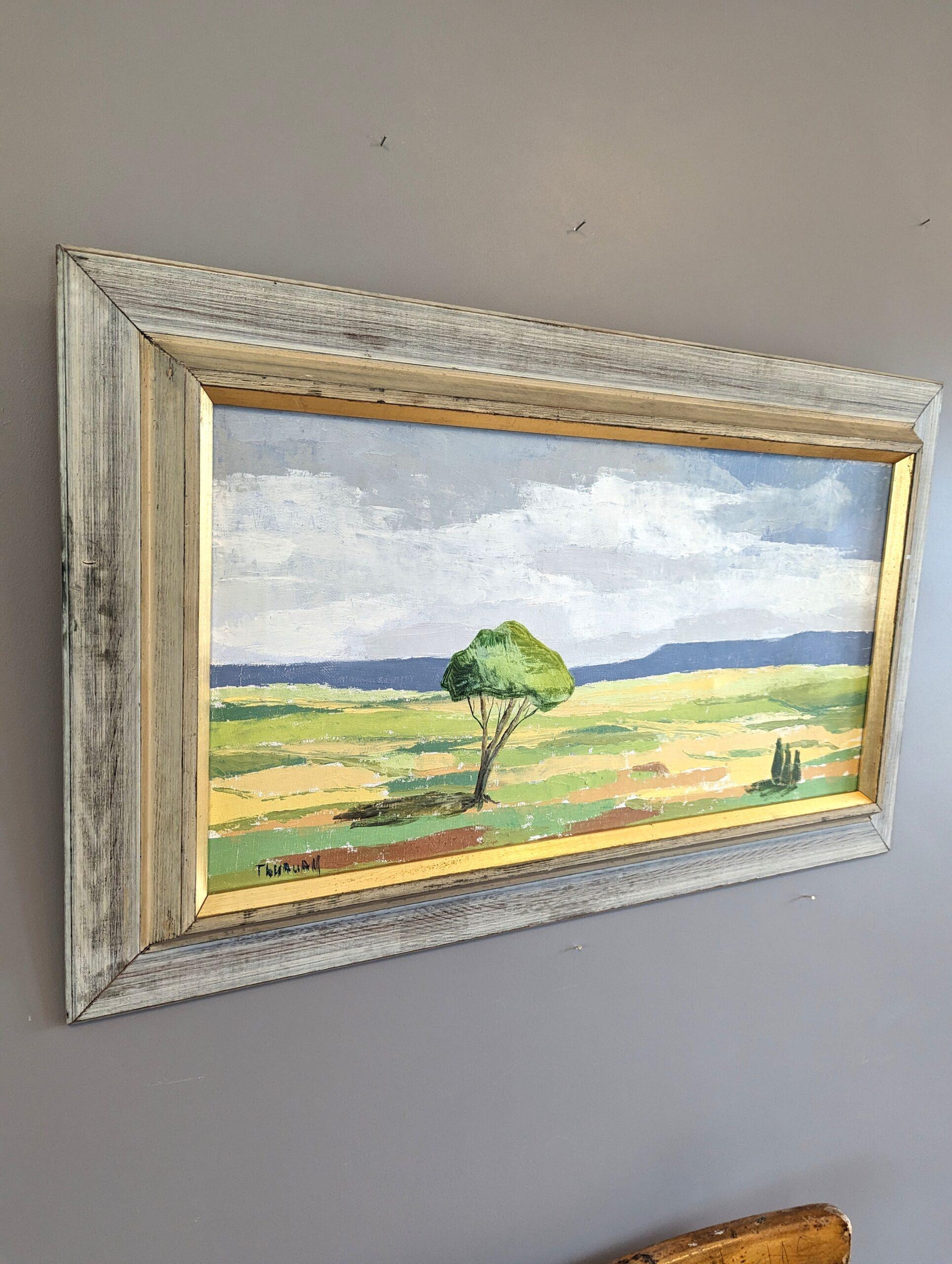 Vintage Mid-Century Modern Landscape Framed Oil Painting - The Green Tree For Sale 1