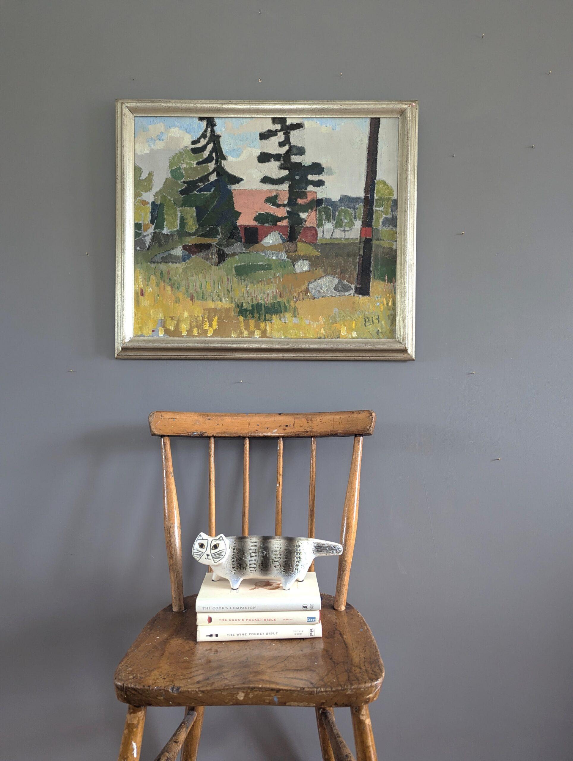 TUCKED IN NATURE
Size: 54 x 63 cm (including frame)
Oil on Canvas

An uplifting and very pleasant mid-century modernist style landscape composition, executed in oil onto canvas.

The painting depicts a red house tucked in nature and nestled amidst