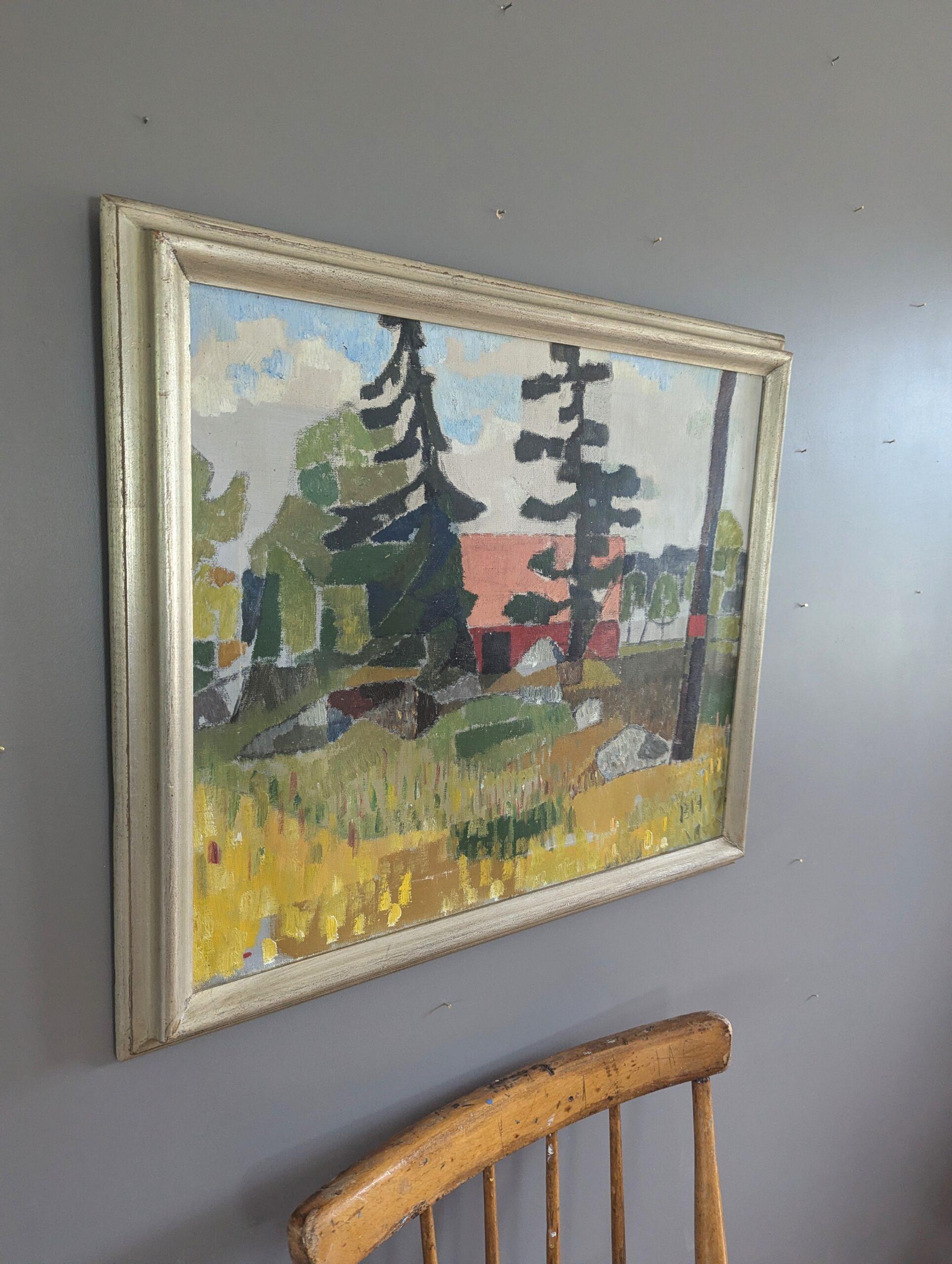 Vintage Mid-Century Modern Landscape Framed Oil Painting - Tucked in Nature 1