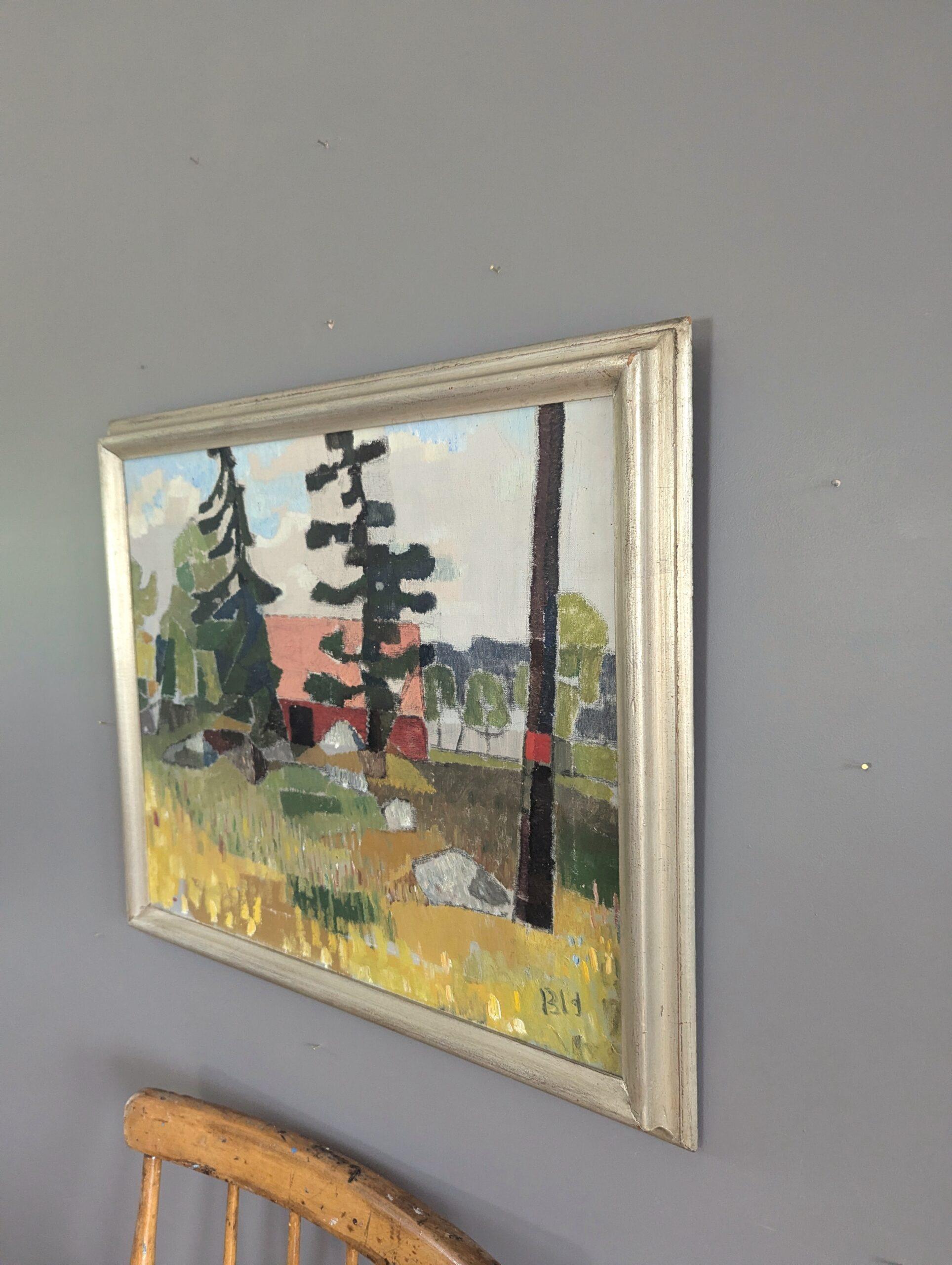 Vintage Mid-Century Modern Landscape Framed Oil Painting - Tucked in Nature 2