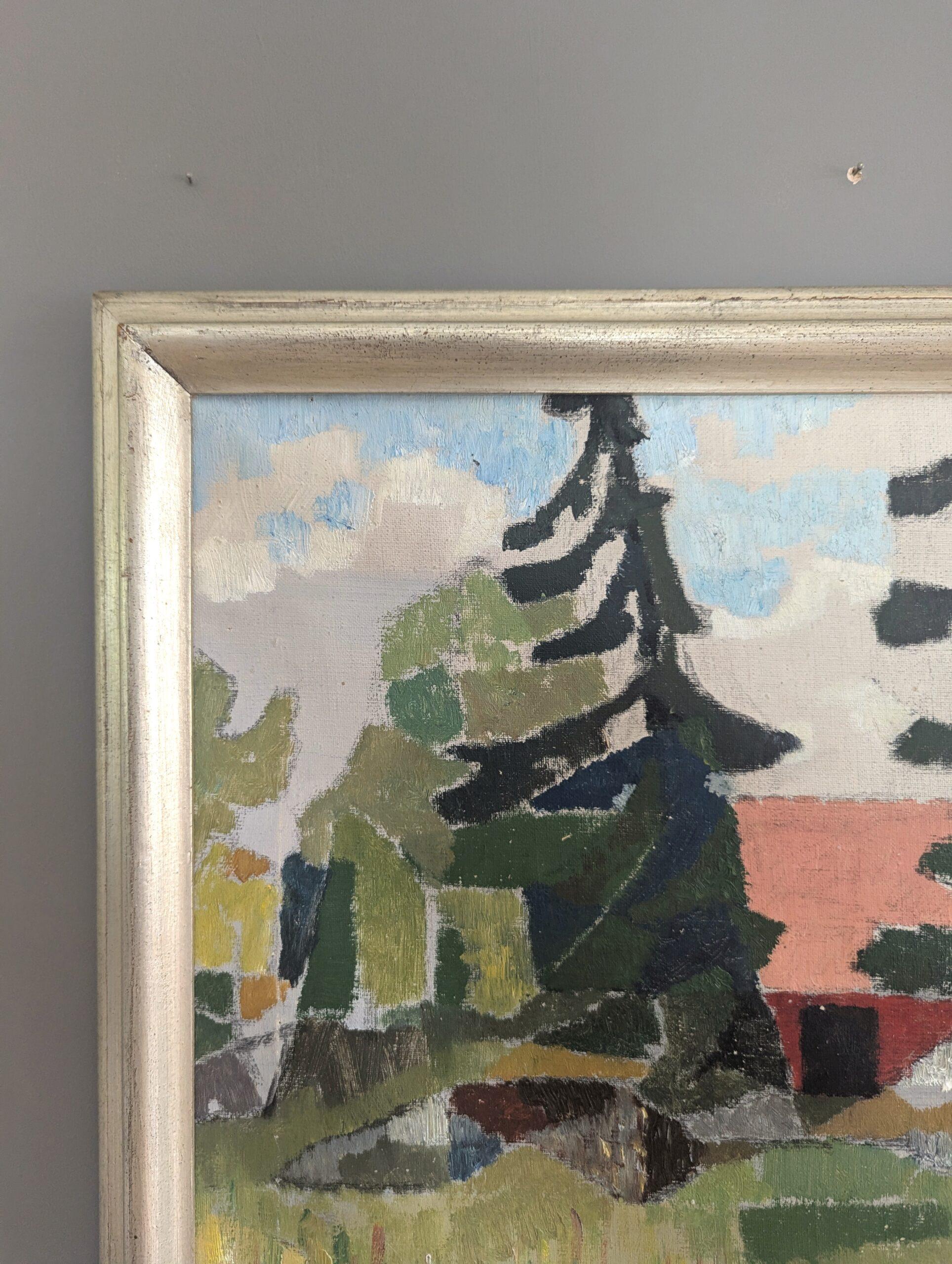 Vintage Mid-Century Modern Landscape Framed Oil Painting - Tucked in Nature 3