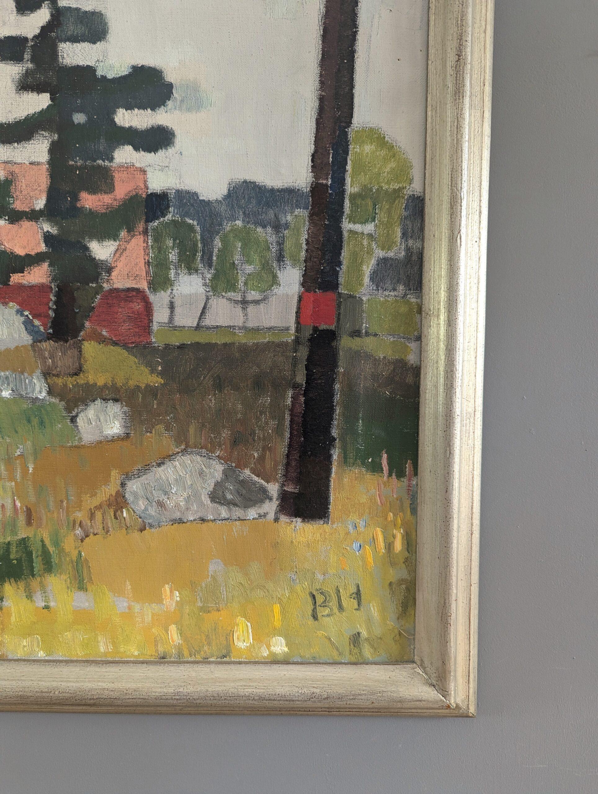 Vintage Mid-Century Modern Landscape Framed Oil Painting - Tucked in Nature 6