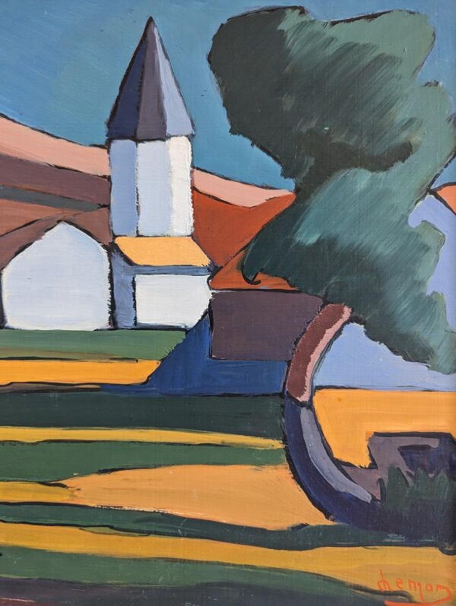 Vintage Mid-Century Modern Landscape Framed Oil Painting - Valley at Dusk 9