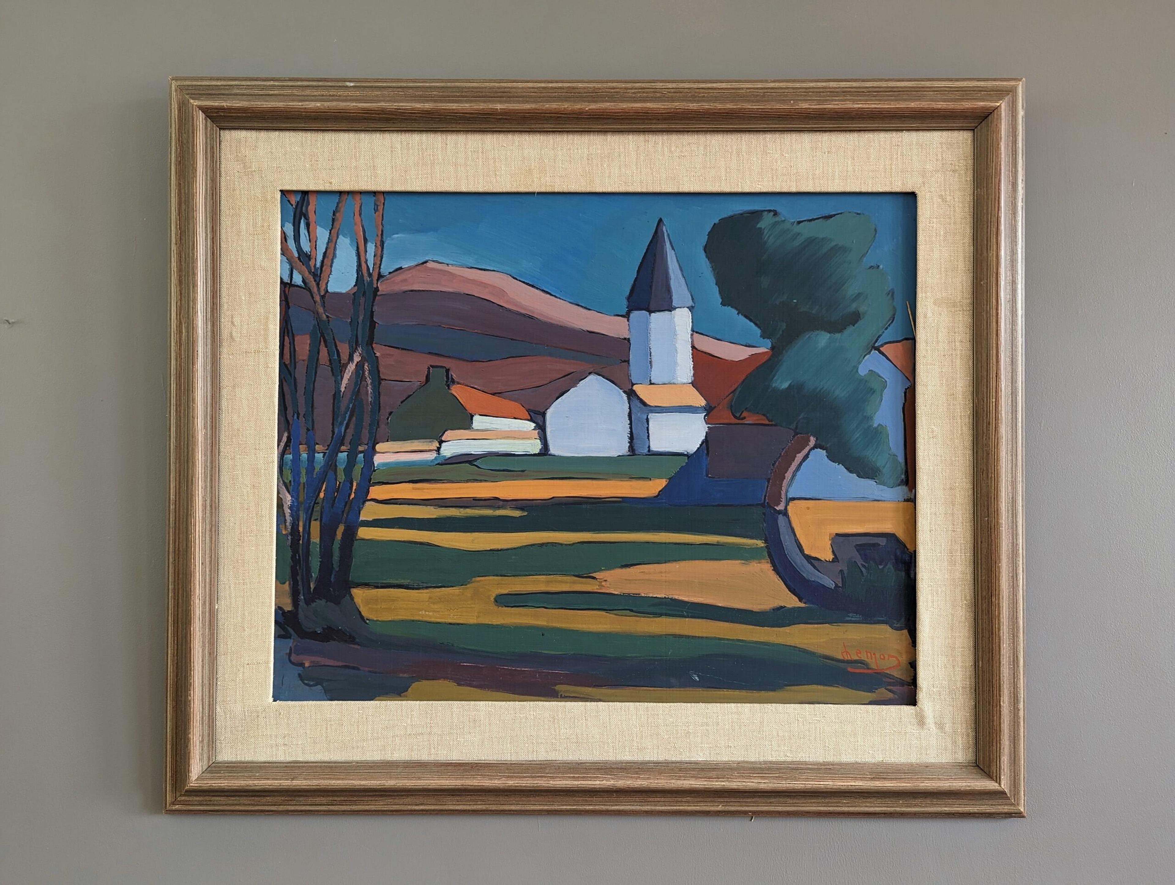 VALLEY AT DUSK
Size: 52.5 x 61 cm (including frame)
Oil on Board

A richly coloured mid-century expressionist oil, painted onto board and framed beautifully.

In this landscape composition, we see a wonderful array of non-naturalistic colours in a