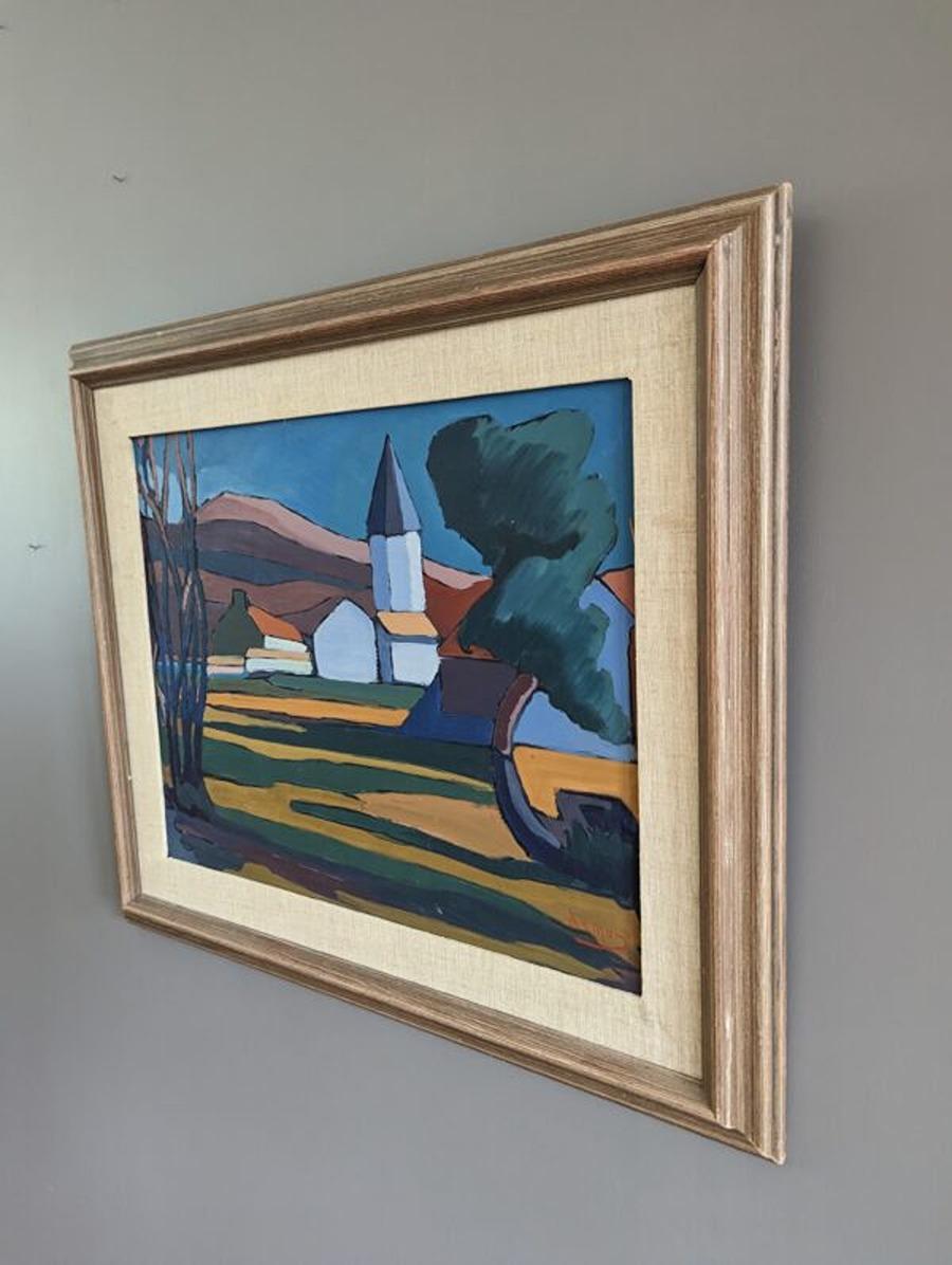 Vintage Mid-Century Modern Landscape Framed Oil Painting - Valley at Dusk 1