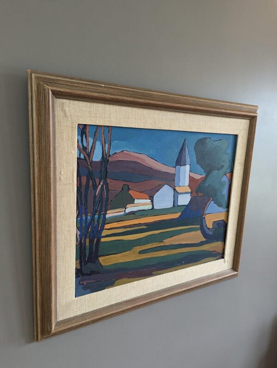 Vintage Mid-Century Modern Landscape Framed Oil Painting - Valley at Dusk 2