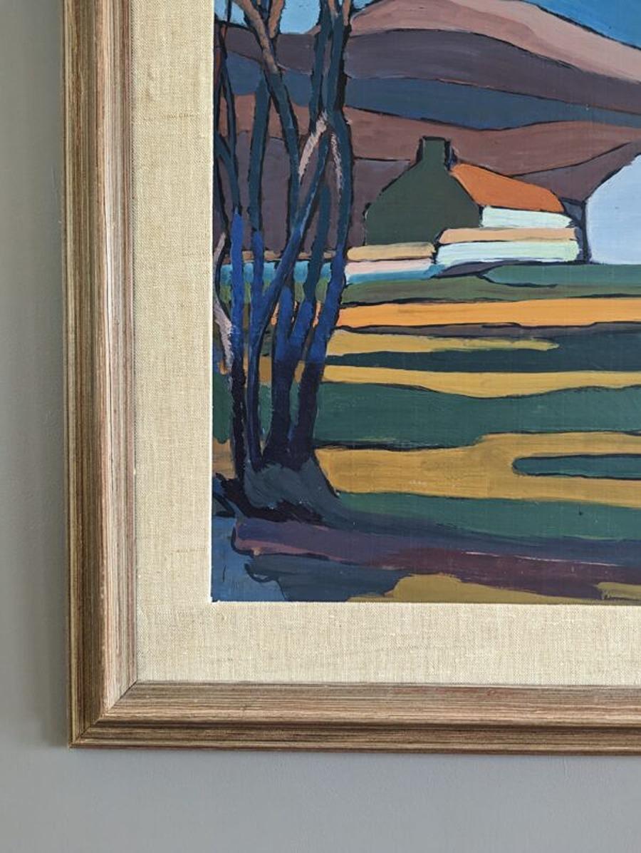 Vintage Mid-Century Modern Landscape Framed Oil Painting - Valley at Dusk 4