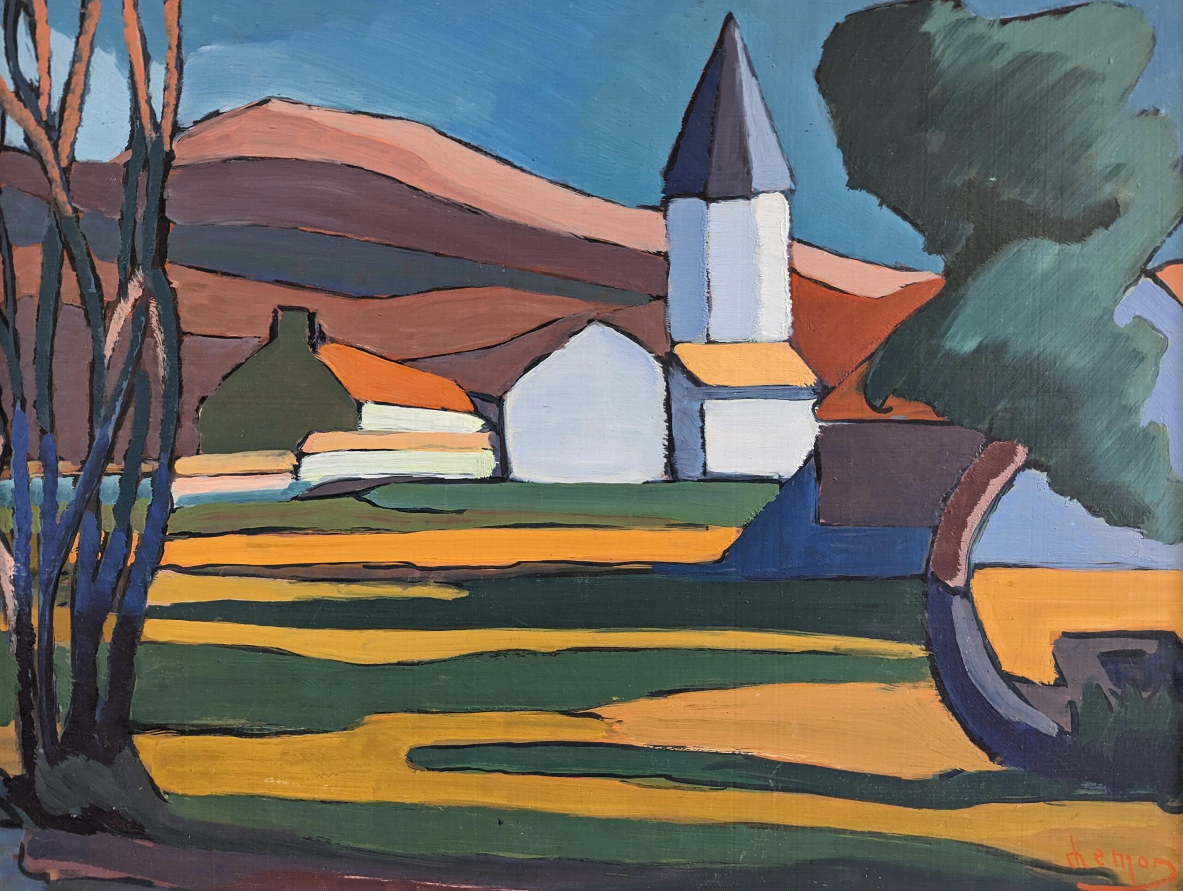 Vintage Mid-Century Modern Landscape Framed Oil Painting - Valley at Dusk 7