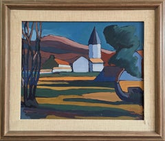 Vintage Mid-Century Modern Landscape Framed Oil Painting - Valley at Dusk