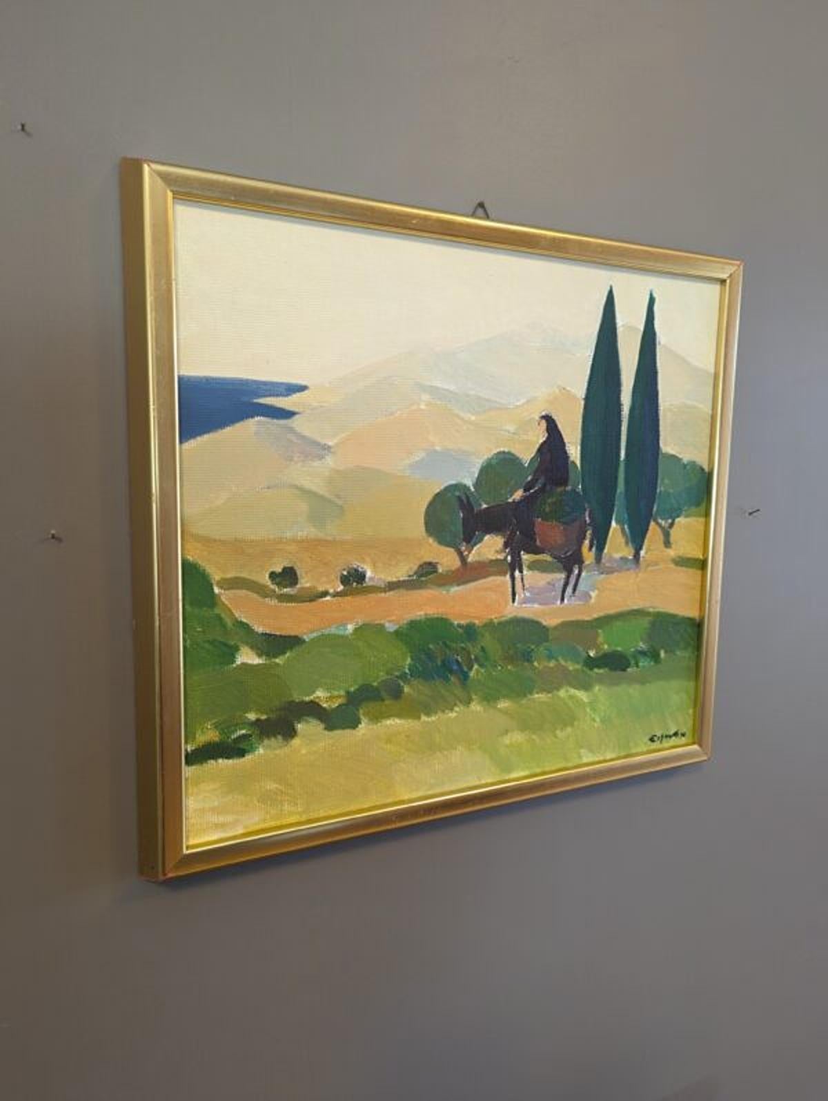 Vintage Mid-Century Modern Landscape Oil Painting - Cyprus Valley For Sale 9