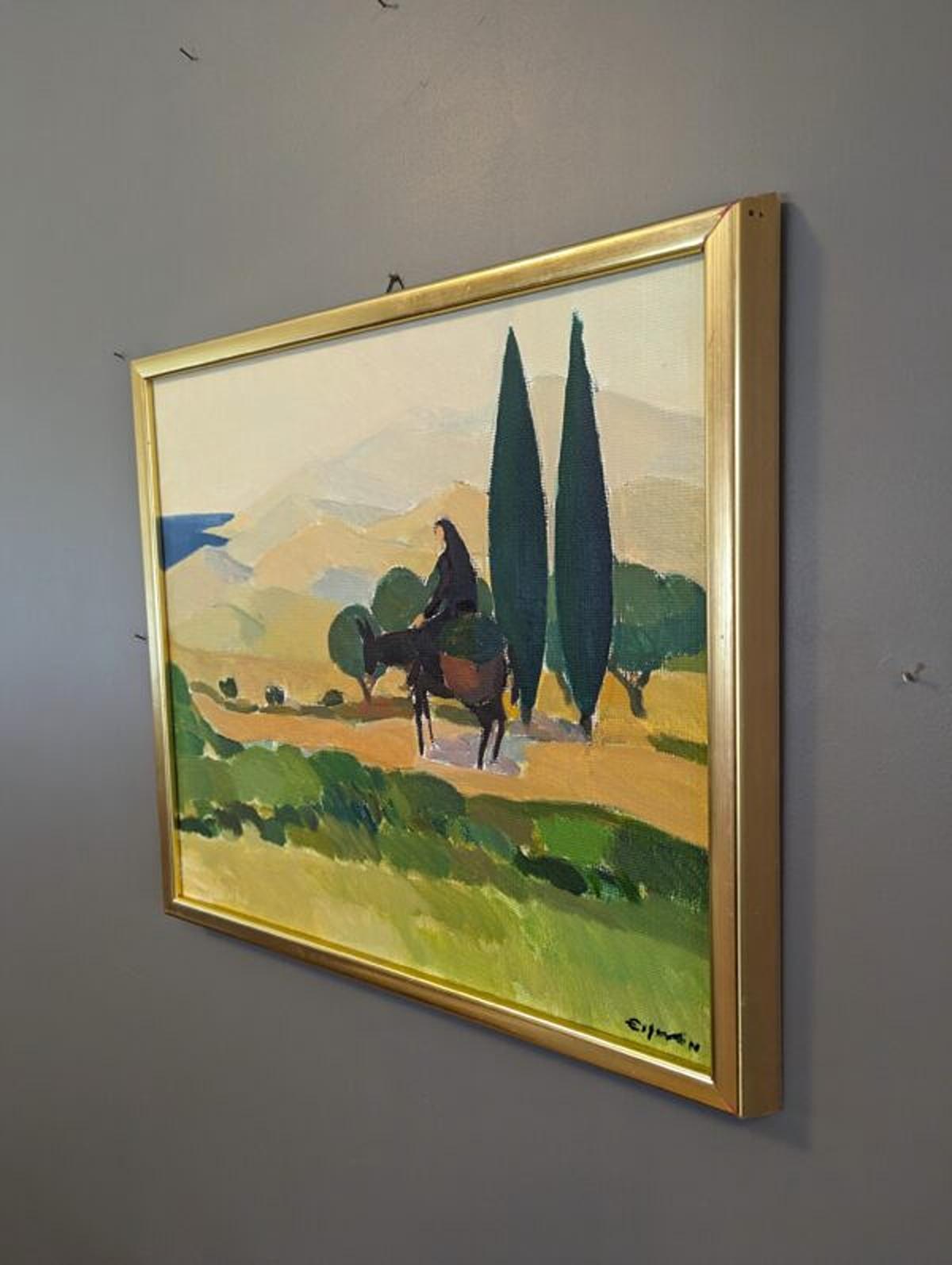 Vintage Mid-Century Modern Landscape Oil Painting - Cyprus Valley For Sale 10