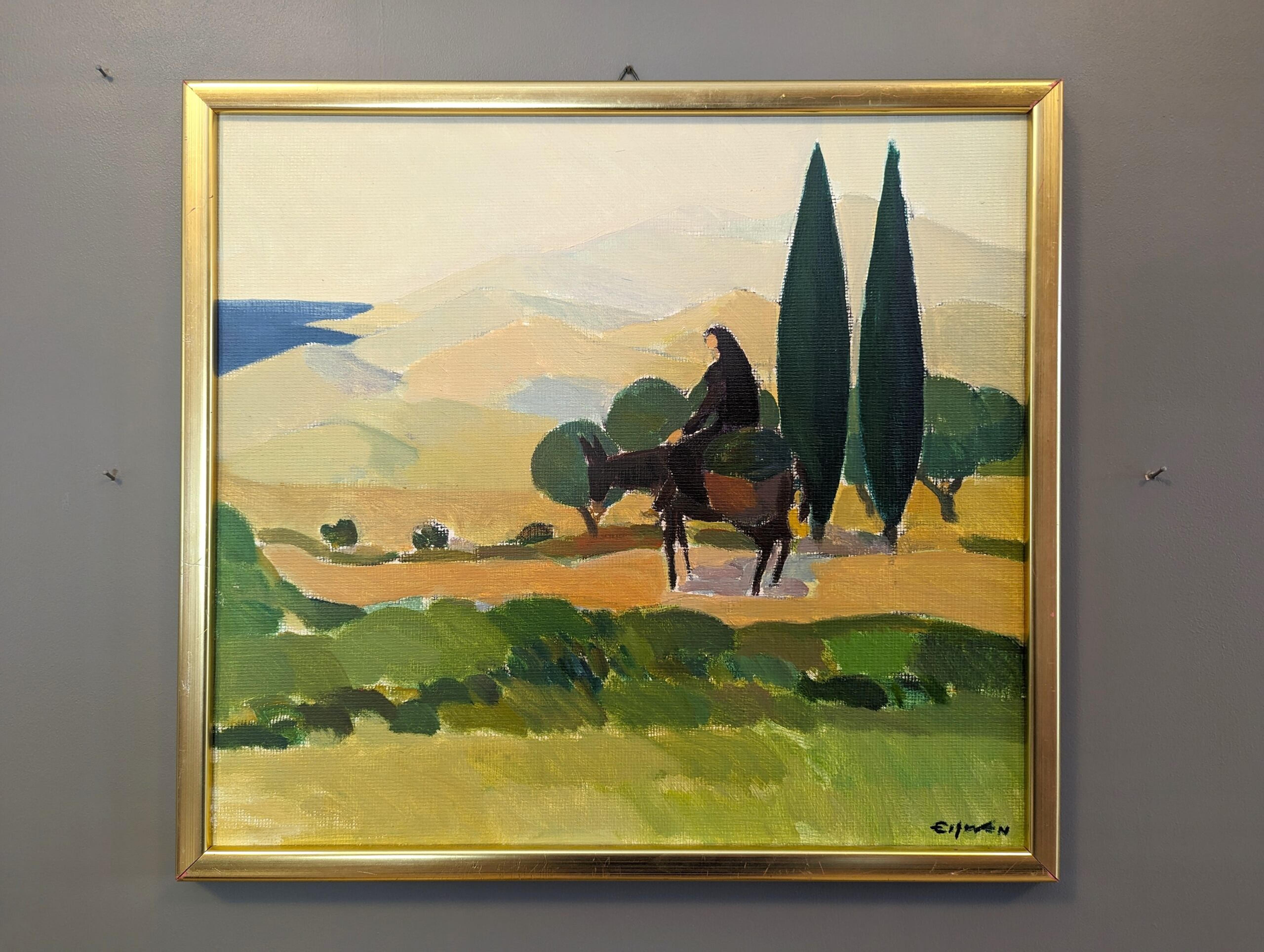 CYPRUS VALLEY
Size: 39.5 x 43.5 cm (including frame)
Oil on canvas board

A wonderfully painted mid-century modernist style landscape painting of Cyprus, executed in oil onto canvas board.

A vast expanse of lush green land unfolds, and a woman is