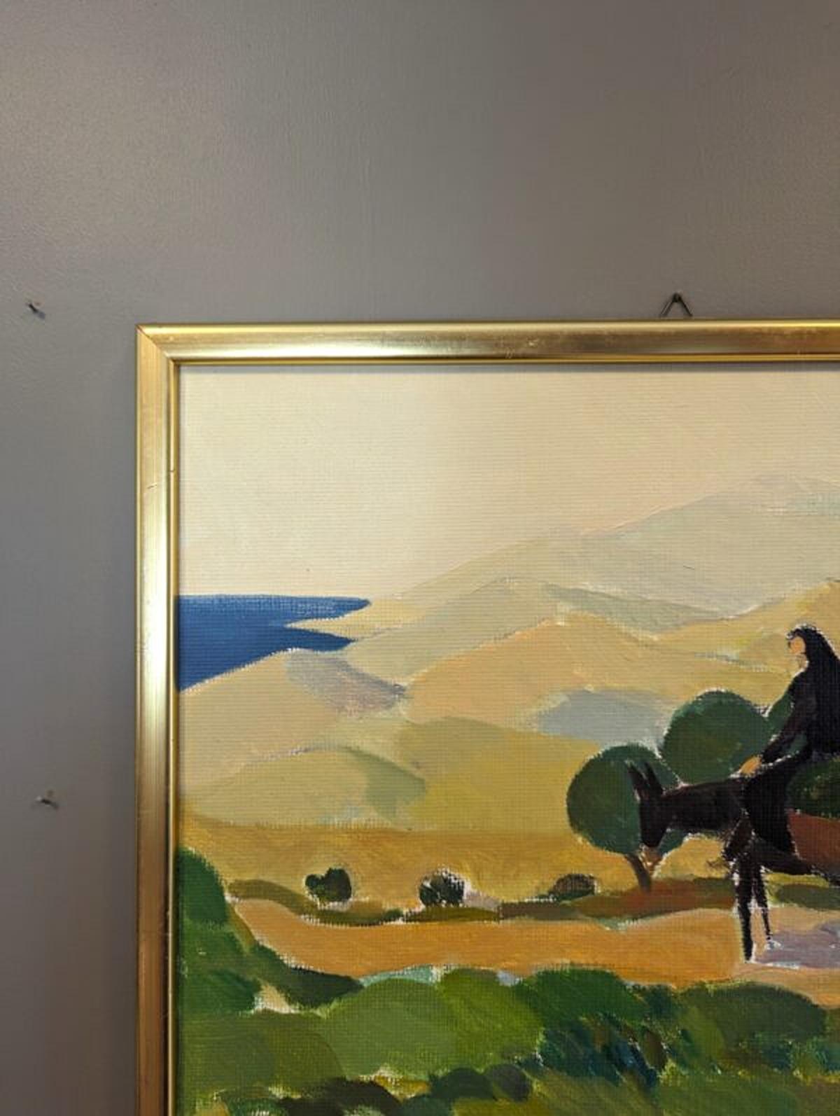 CYPRUS VALLEY
Size: 39.5 x 43.5 cm (including frame)
Oil on canvas board

A wonderfully painted mid-century modernist style landscape painting of Cyprus, executed in oil onto canvas board.

A vast expanse of lush green land unfolds, and a woman is