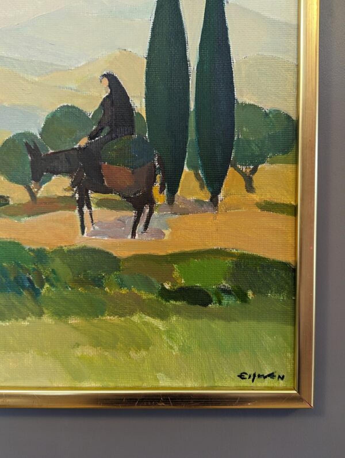 Vintage Mid-Century Modern Landscape Oil Painting - Cyprus Valley For Sale 4