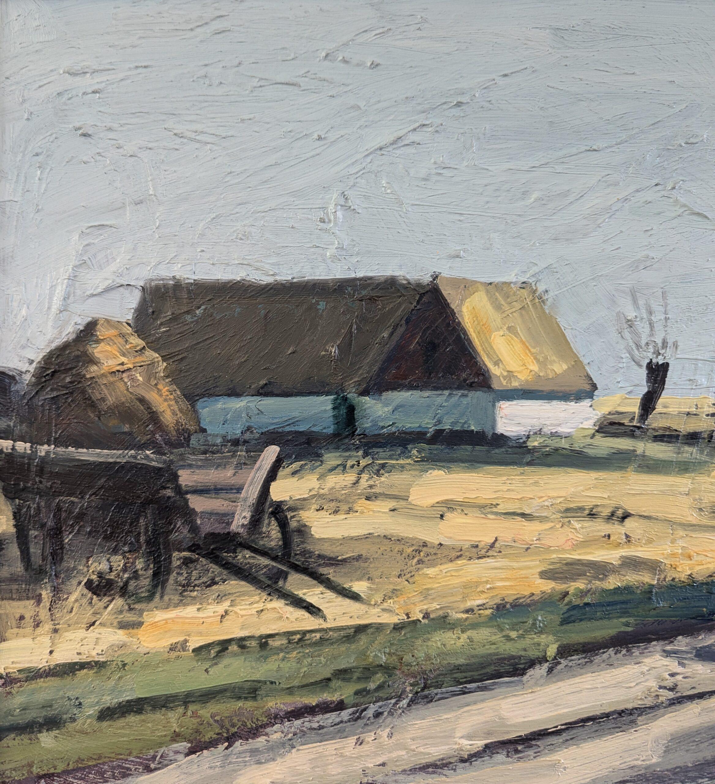 Vintage Mid-Century Modern Landscape Oil Painting - Quiet Day on the Farm For Sale 7