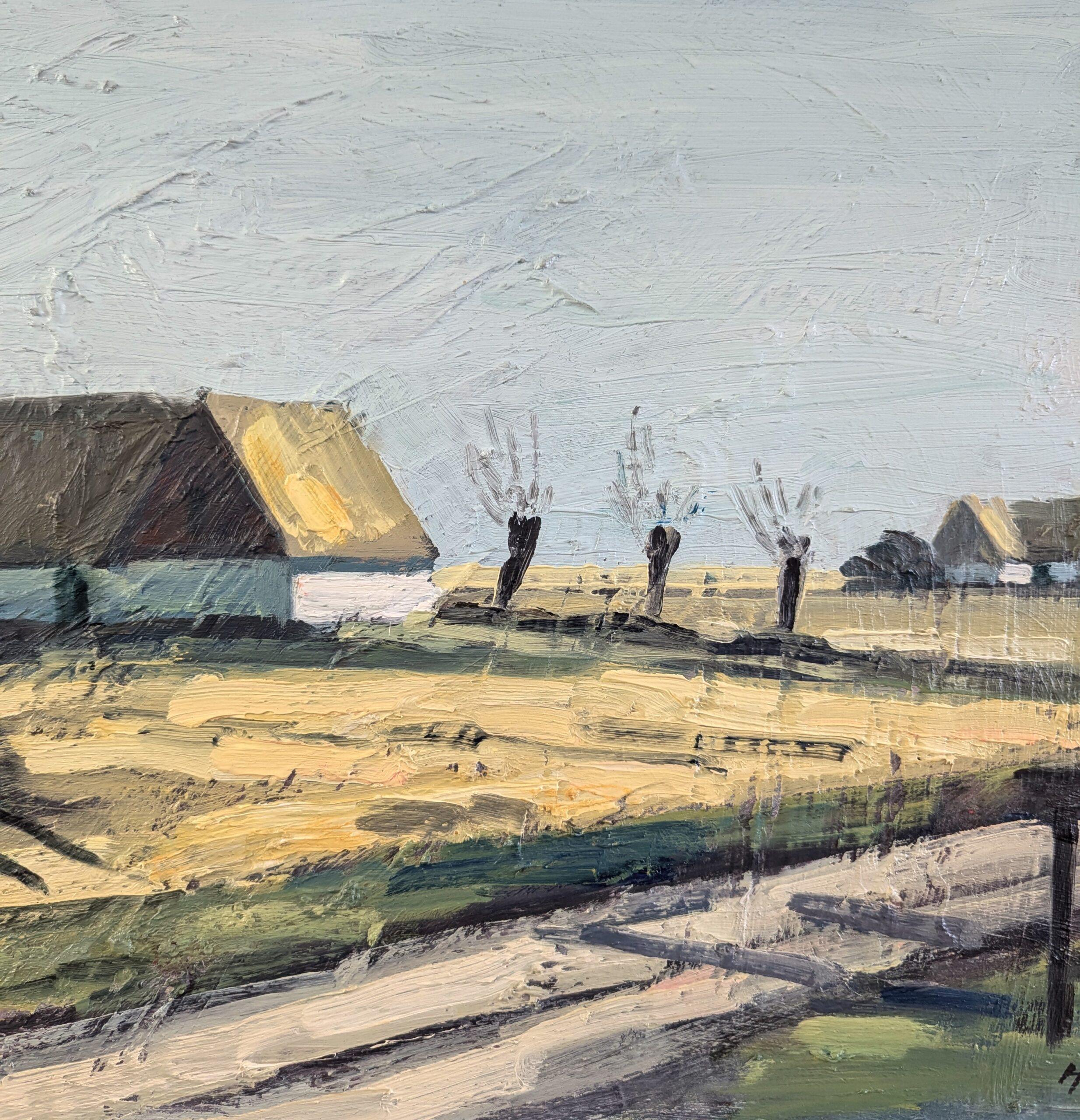 Vintage Mid-Century Modern Landscape Oil Painting - Quiet Day on the Farm For Sale 8