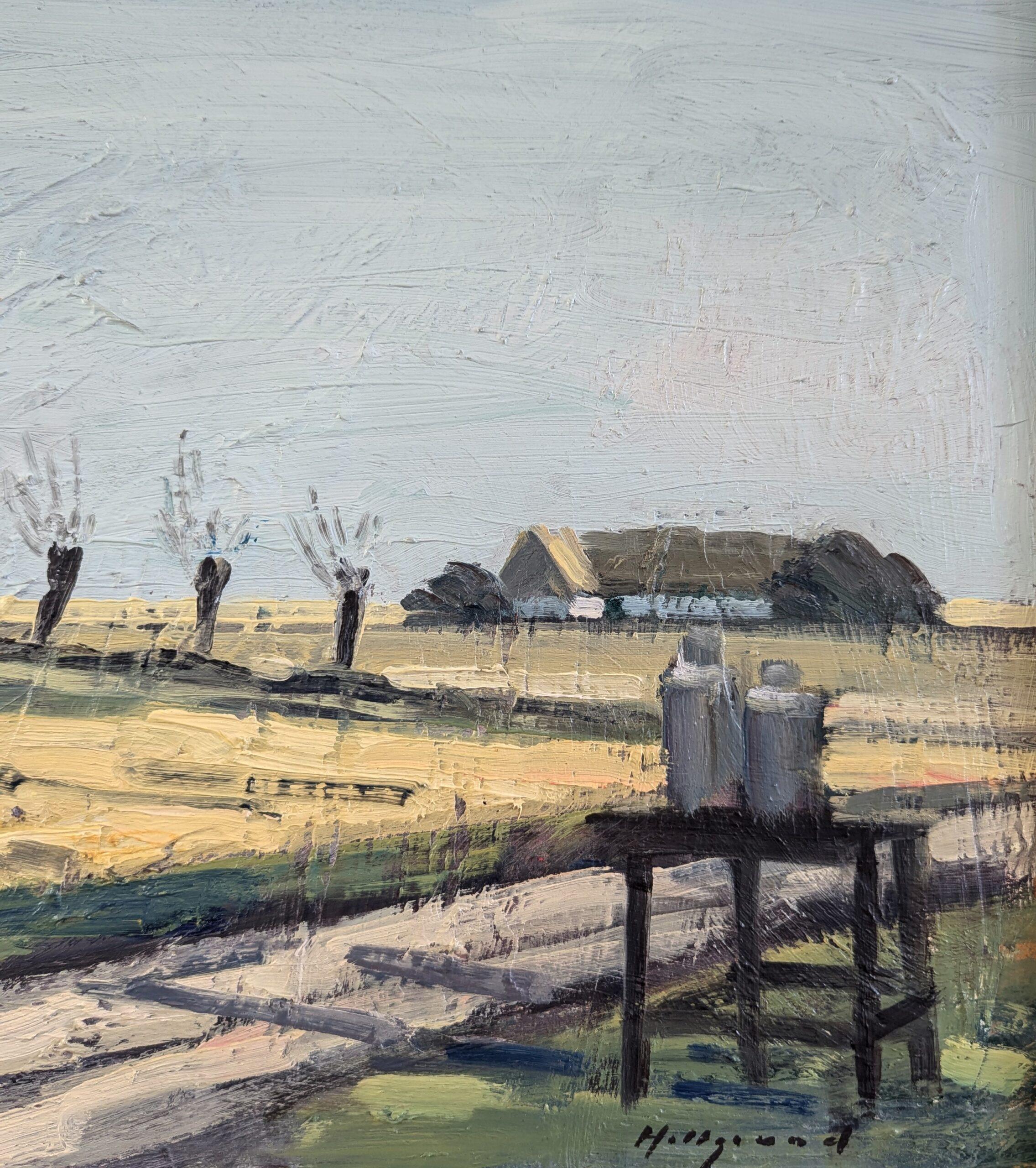 Vintage Mid-Century Modern Landscape Oil Painting - Quiet Day on the Farm For Sale 9